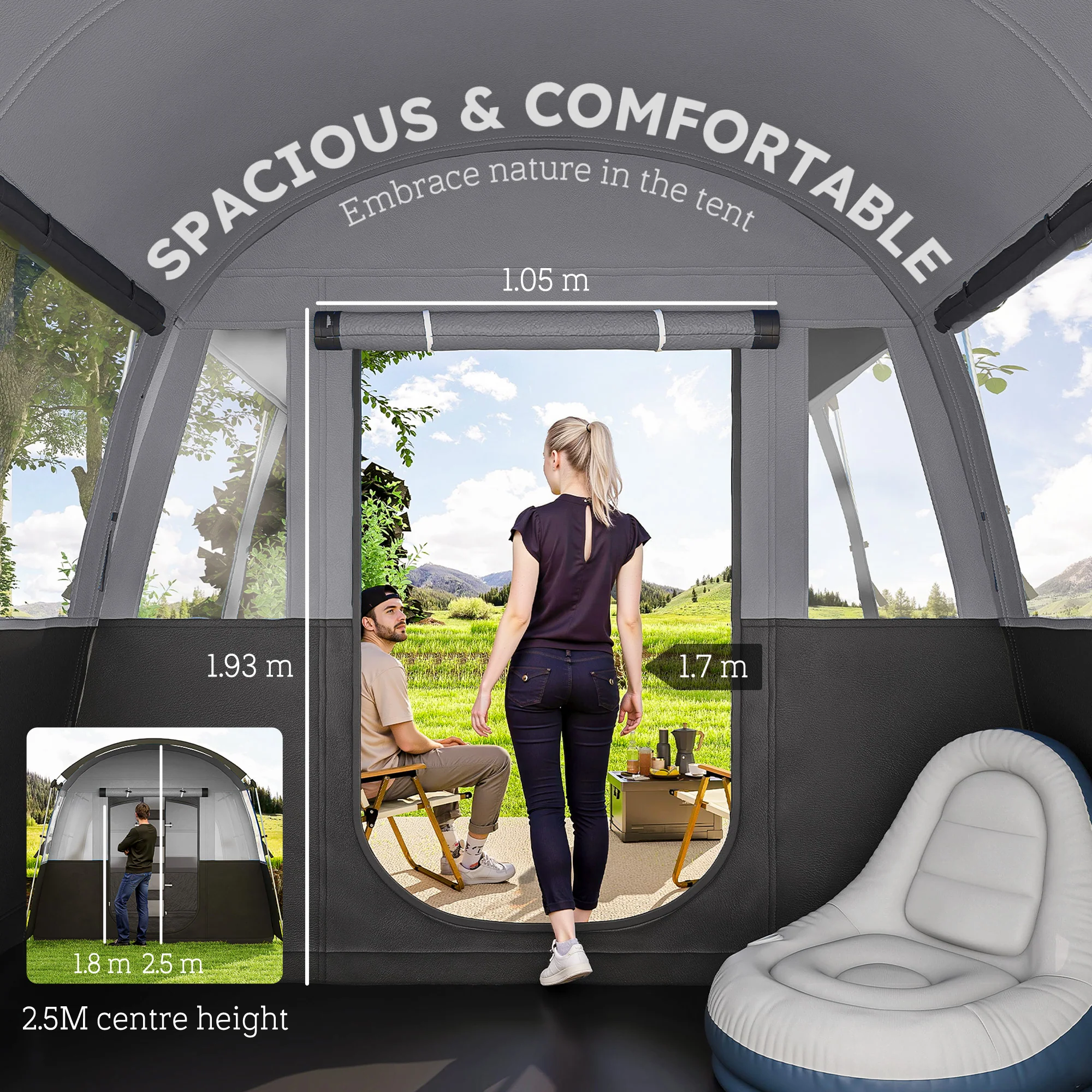 Outsunny 8-Person Camping Tent Tunnel Design with 4 Large Windows Dark Grey - Image 4