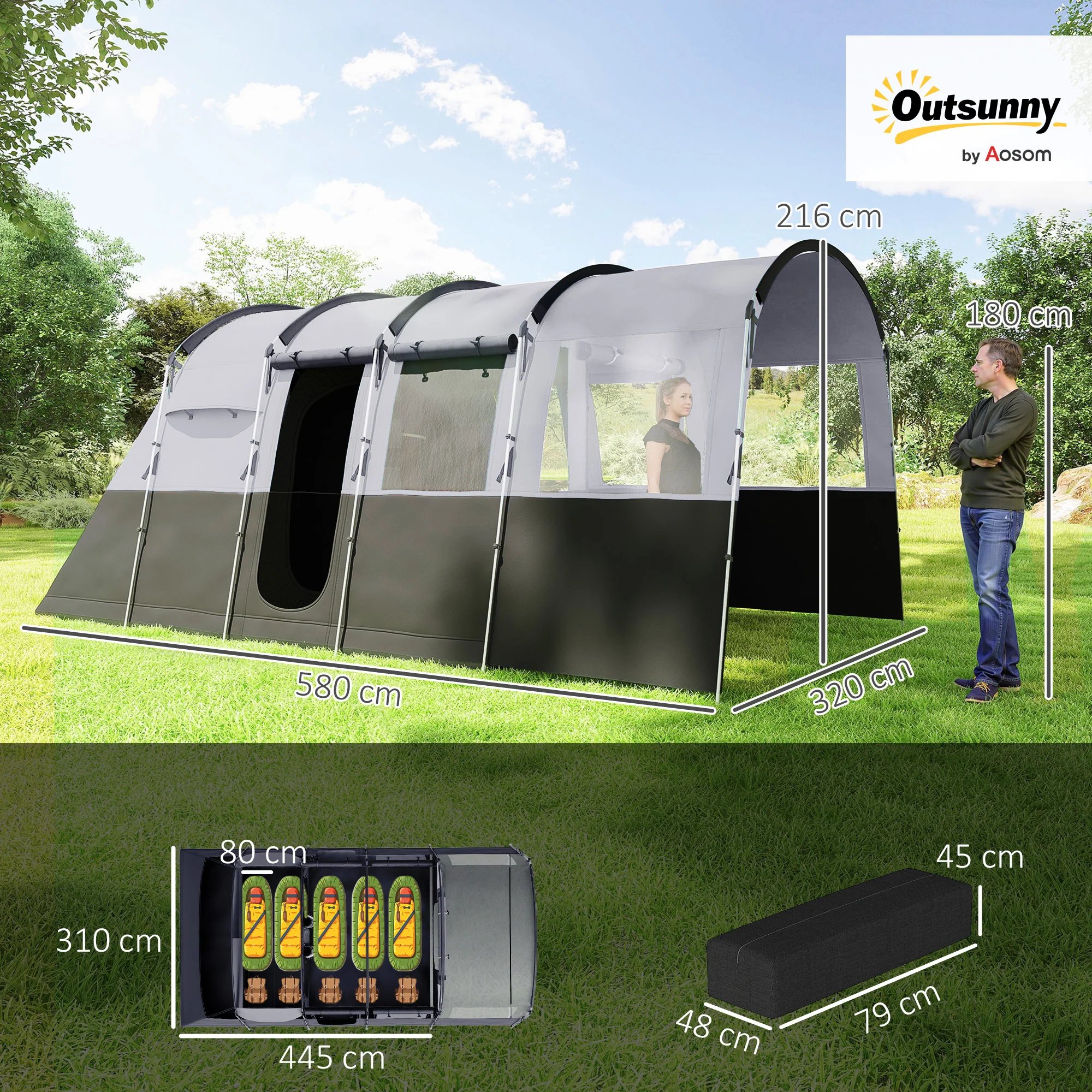 Outsunny 8-Person Camping Tent Tunnel Design with 4 Large Windows Dark Grey - Image 5