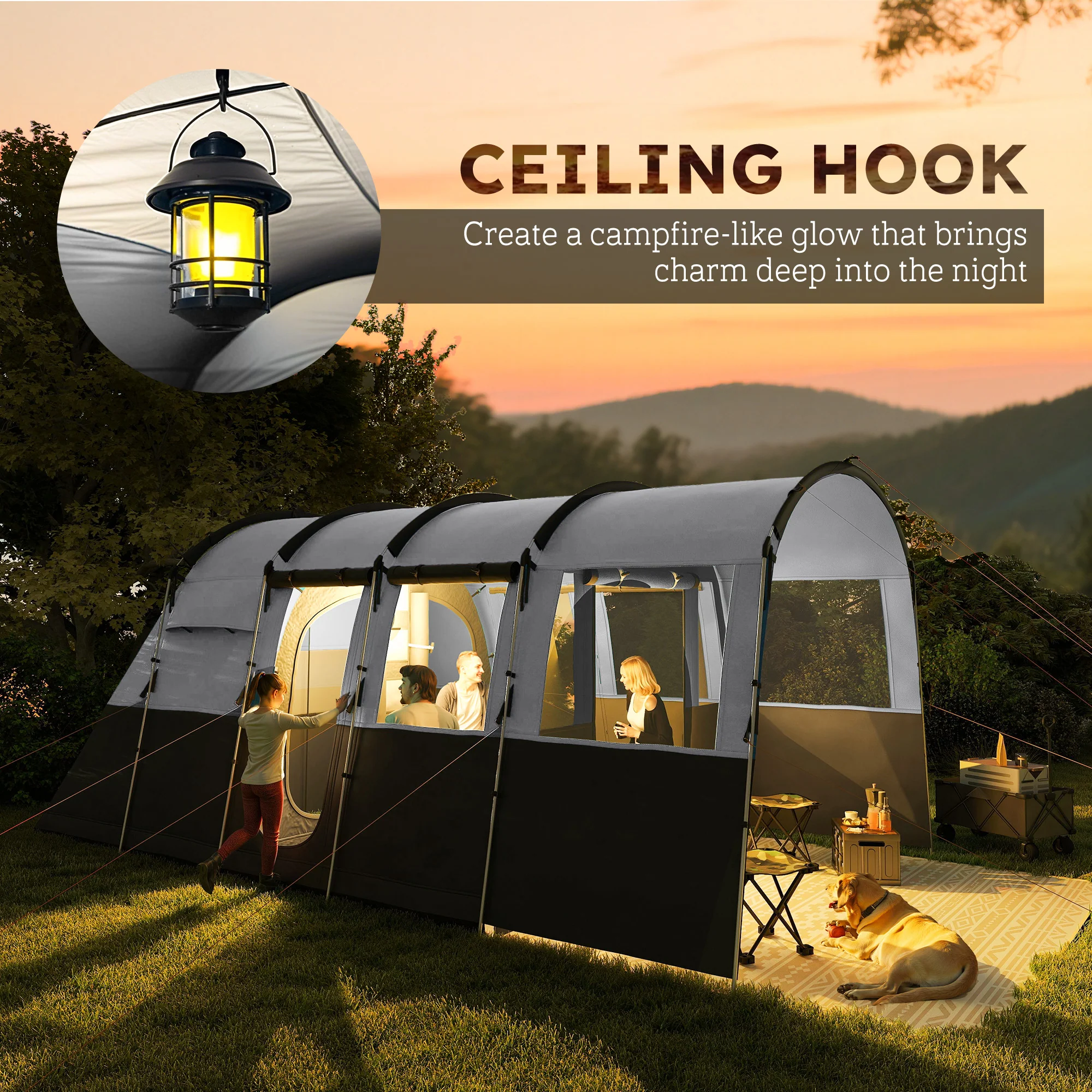 Outsunny 8-Person Camping Tent Tunnel Design with 4 Large Windows Dark Grey - Image 9