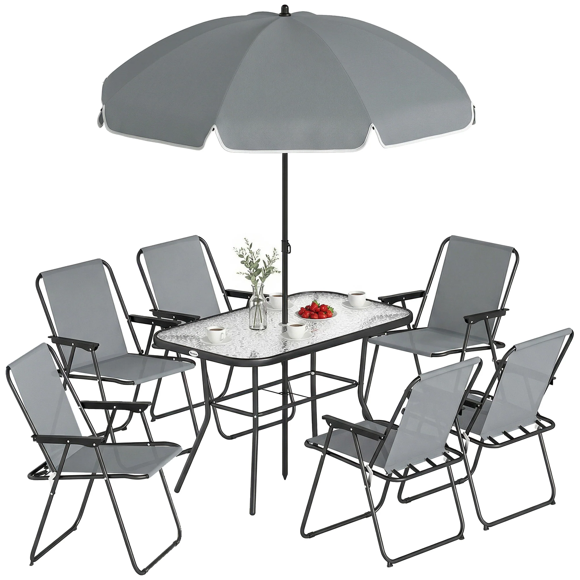 Outsunny 8 Piece Garden Dining Set With 6 Folding Chairs And Umbrella, Grey