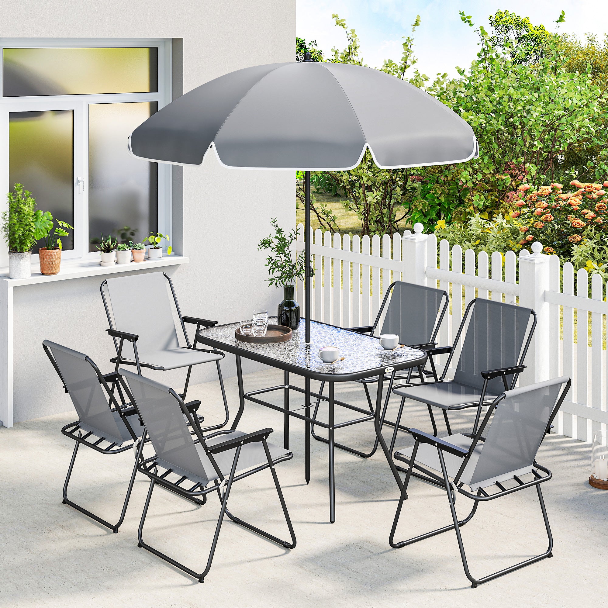 Outsunny 8 Piece Garden Dining Set With 6 Folding Chairs And Umbrella, Grey - Image 2