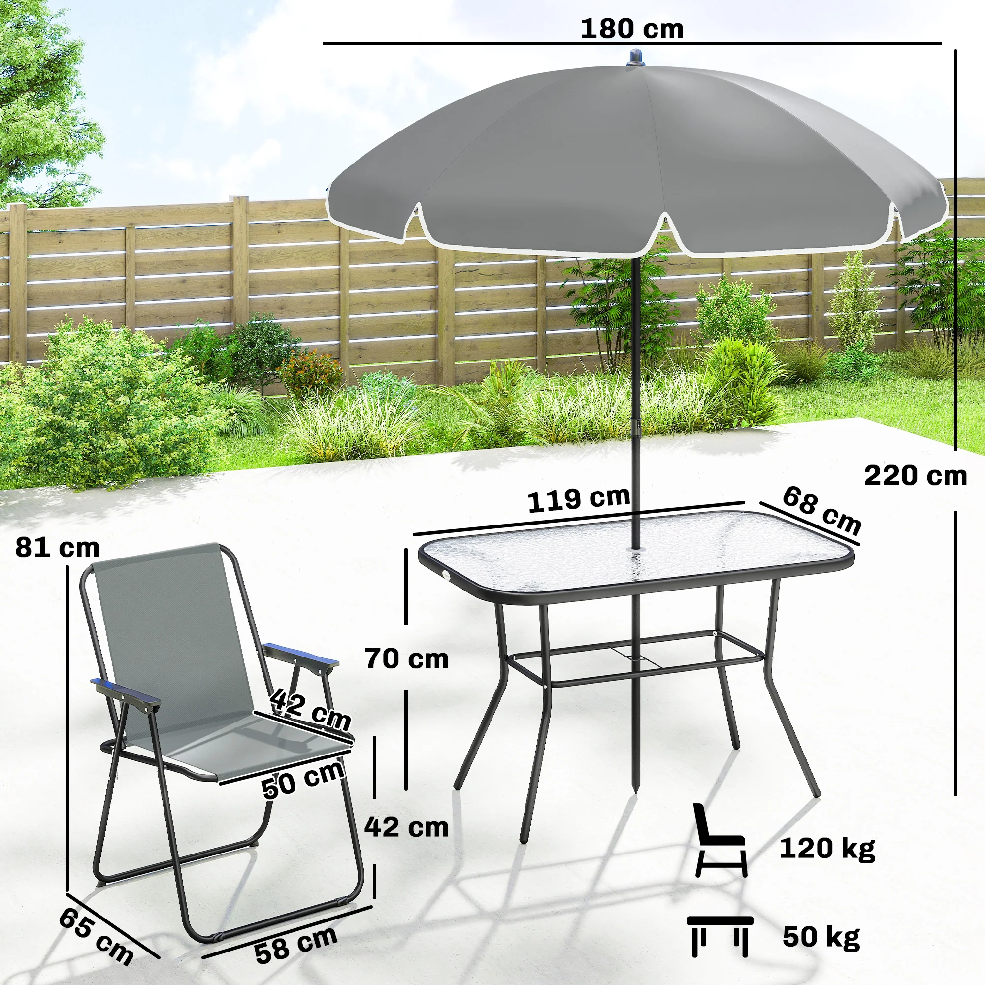 Outsunny 8 Piece Garden Dining Set With 6 Folding Chairs And Umbrella, Grey - Image 3