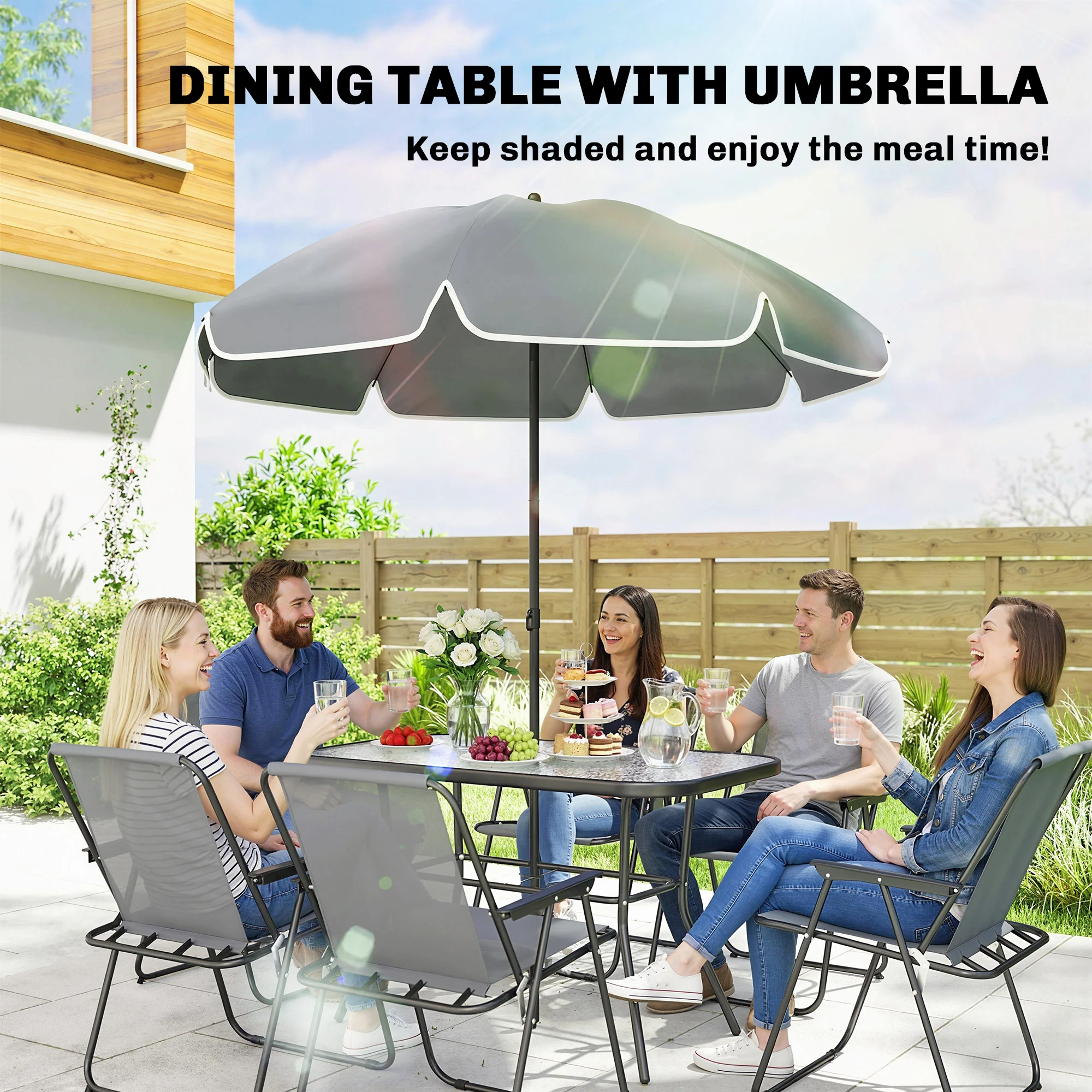 Outsunny 8 Piece Garden Dining Set With 6 Folding Chairs And Umbrella, Grey - Image 6