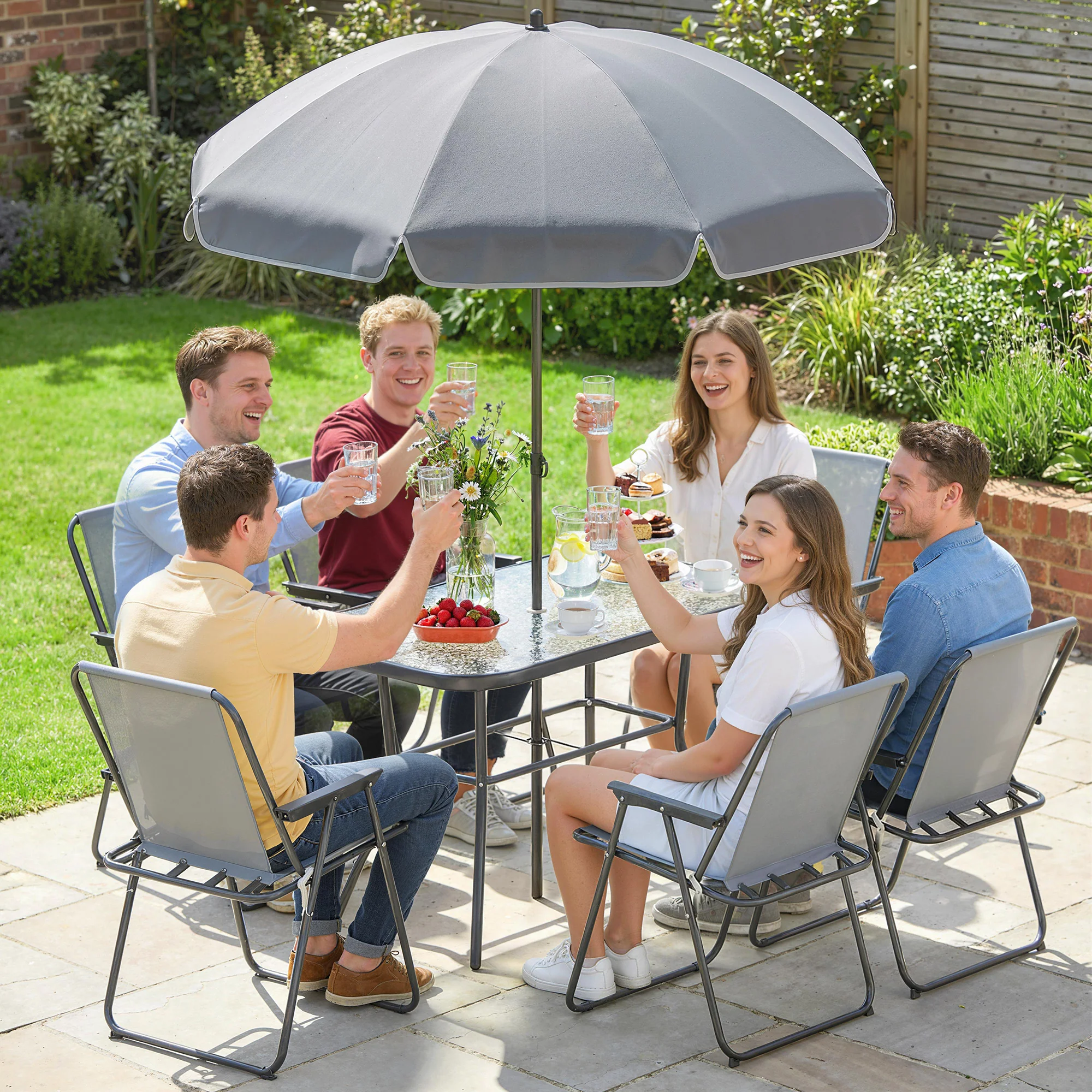 Outsunny 8 Piece Garden Dining Set With 6 Folding Chairs And Umbrella, Grey - Image 9