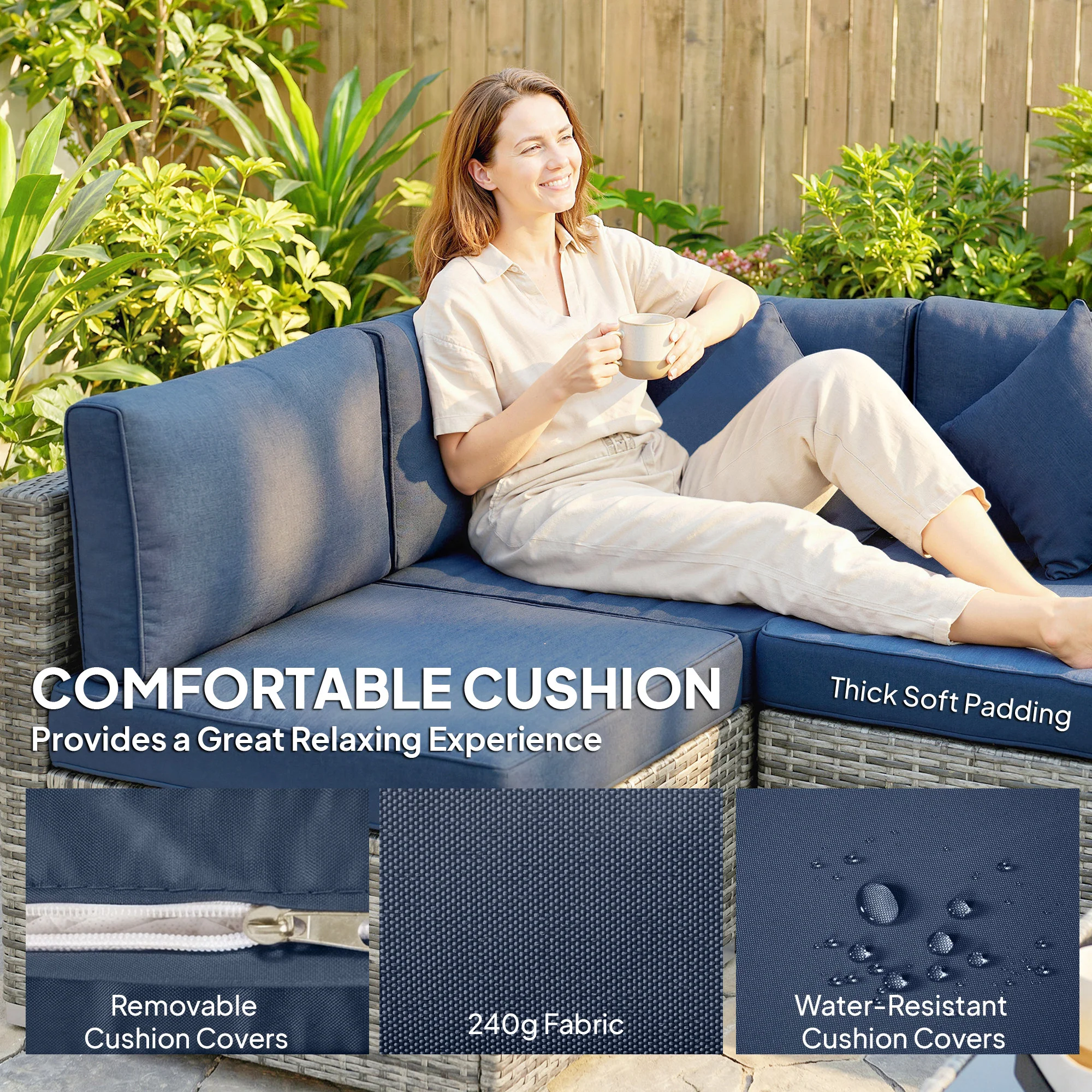 Outsunny 8 Pieces Patio Rattan Sofa Set, Garden Furniture Set Dark Blue - Image 5