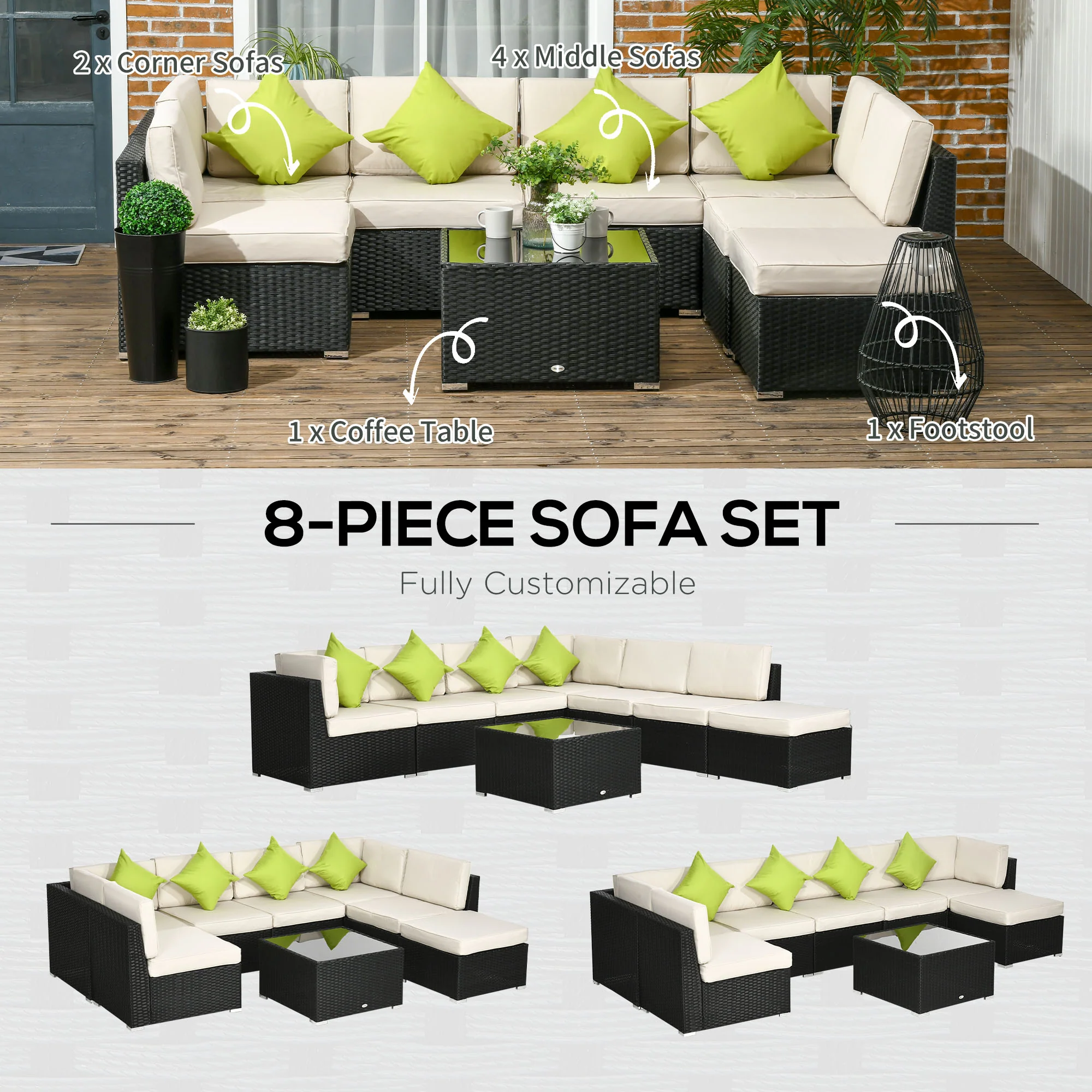 Outsunny 8 Pieces Patio Rattan Sofa Set Garden Furniture Set for Outdoor Black - Image 6