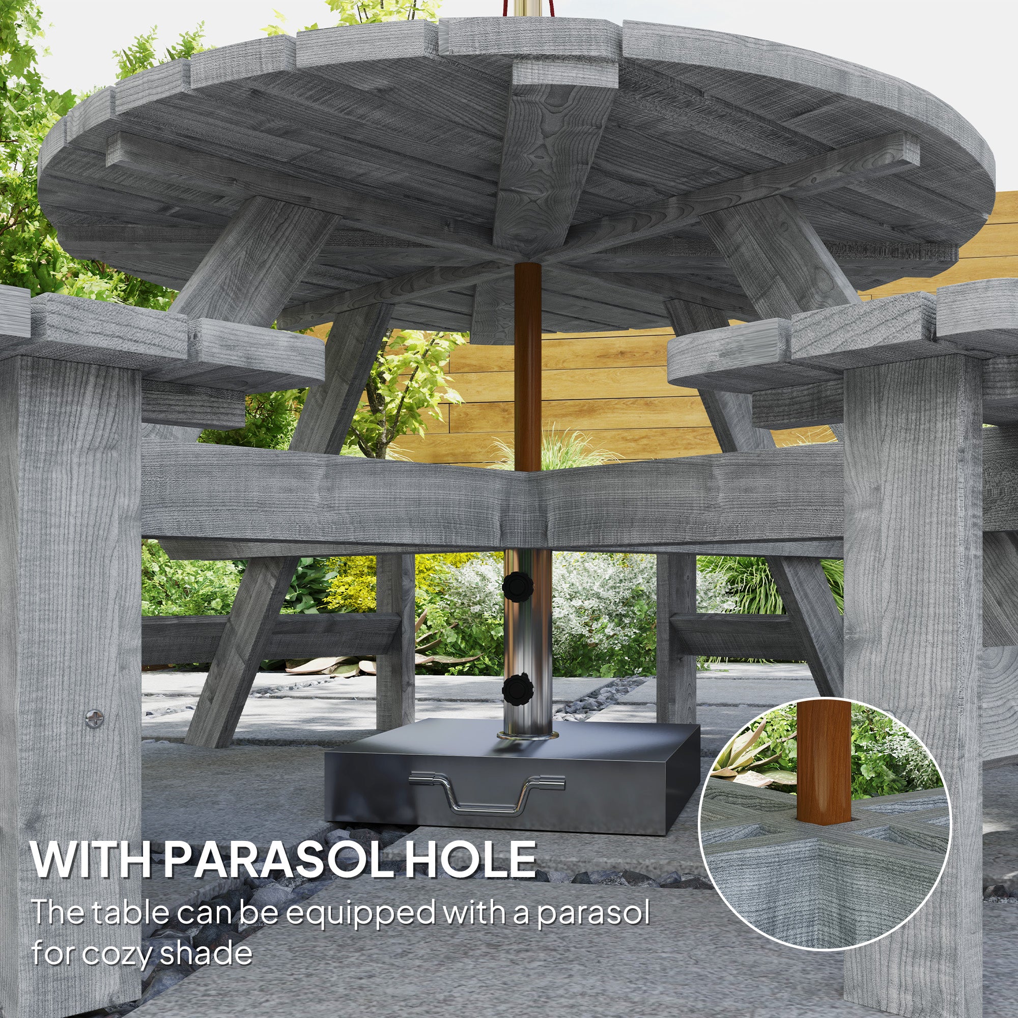 Outsunny 8 Seat Outdoor Wooden Picnic Table with Bench, Parasol Hole, Grey - Image 3