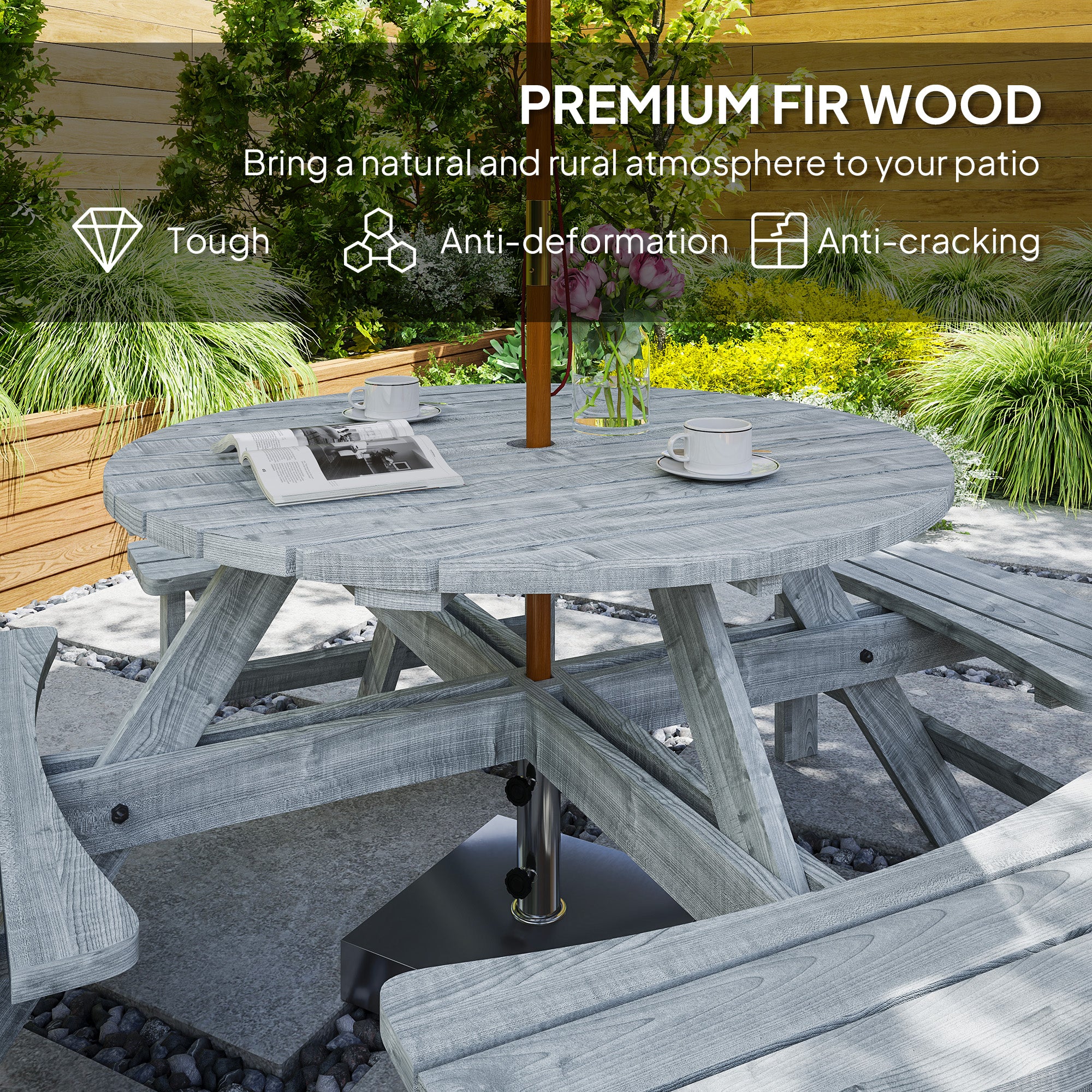 Outsunny 8 Seat Outdoor Wooden Picnic Table with Bench, Parasol Hole, Grey - Image 4