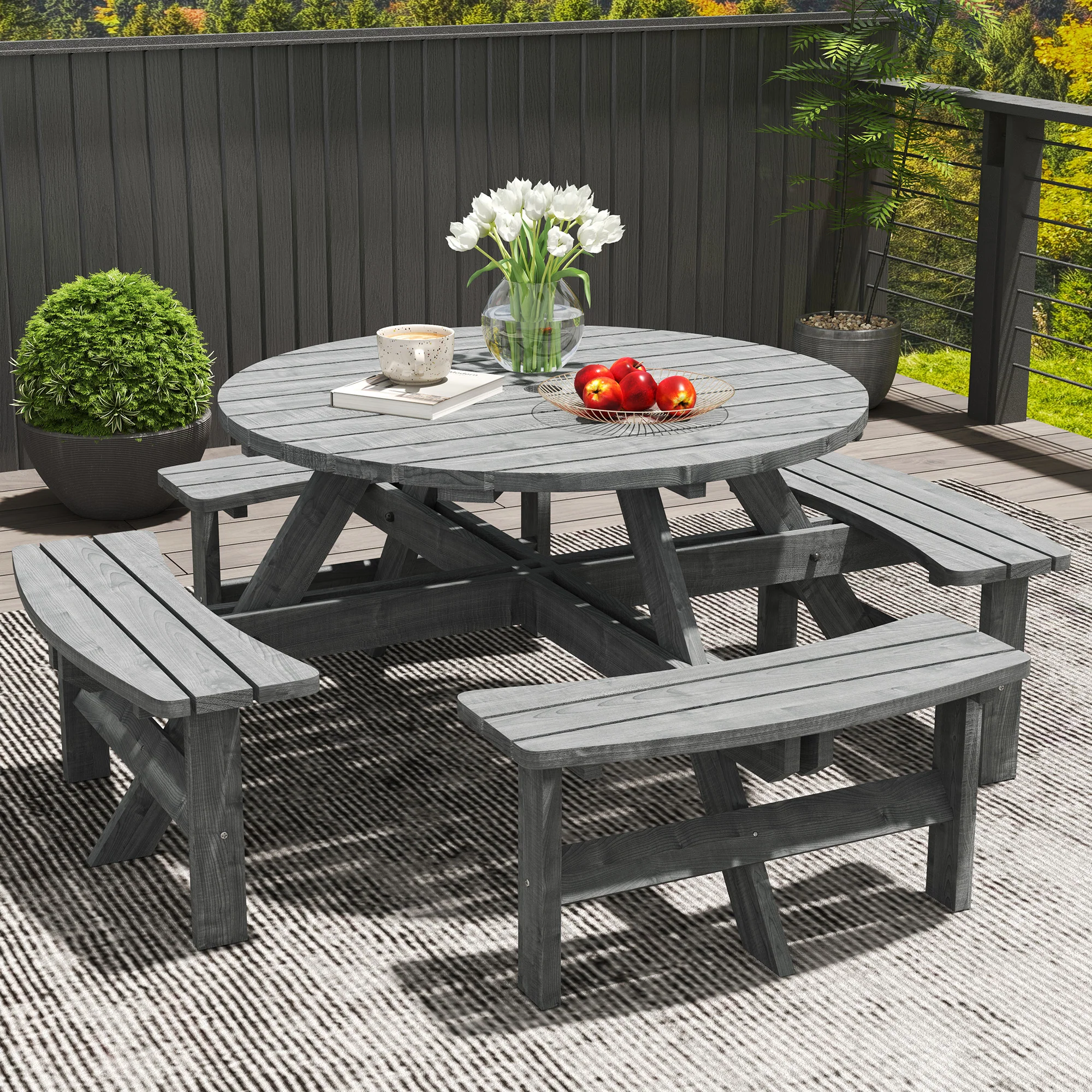 Outsunny 8 Seat Outdoor Wooden Picnic Table with Bench, Parasol Hole, Grey - Image 8