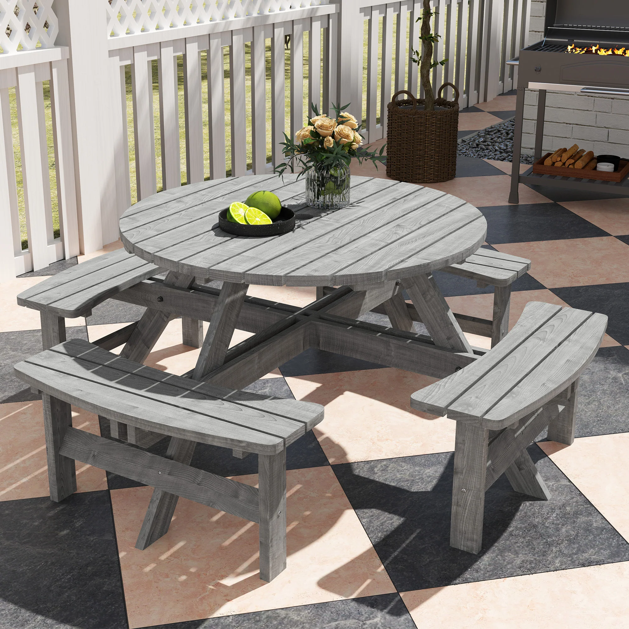 Outsunny 8 Seat Outdoor Wooden Picnic Table with Bench, Parasol Hole, Grey - Image 9