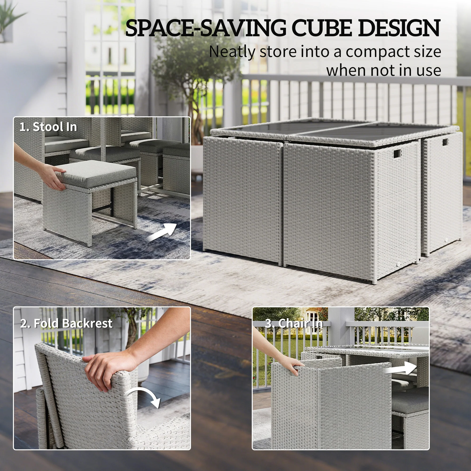 Outsunny 8 Seater Cube Rattan Garden Dining Set with Cushions, Light Grey - Image 4