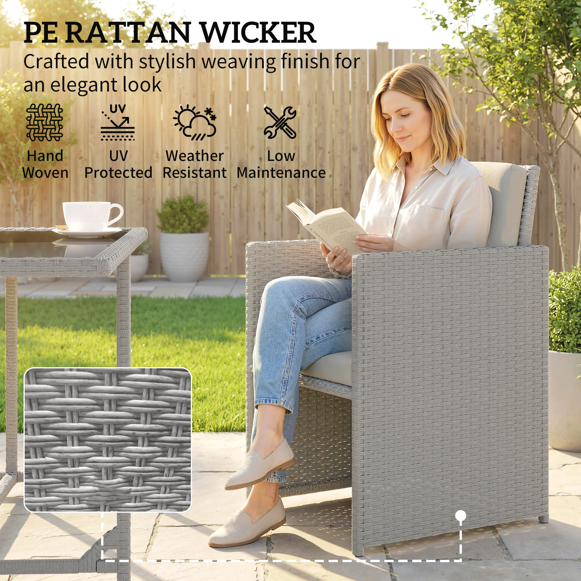 Outsunny 8 Seater Cube Rattan Garden Dining Set with Cushions, Light Grey - Image 5