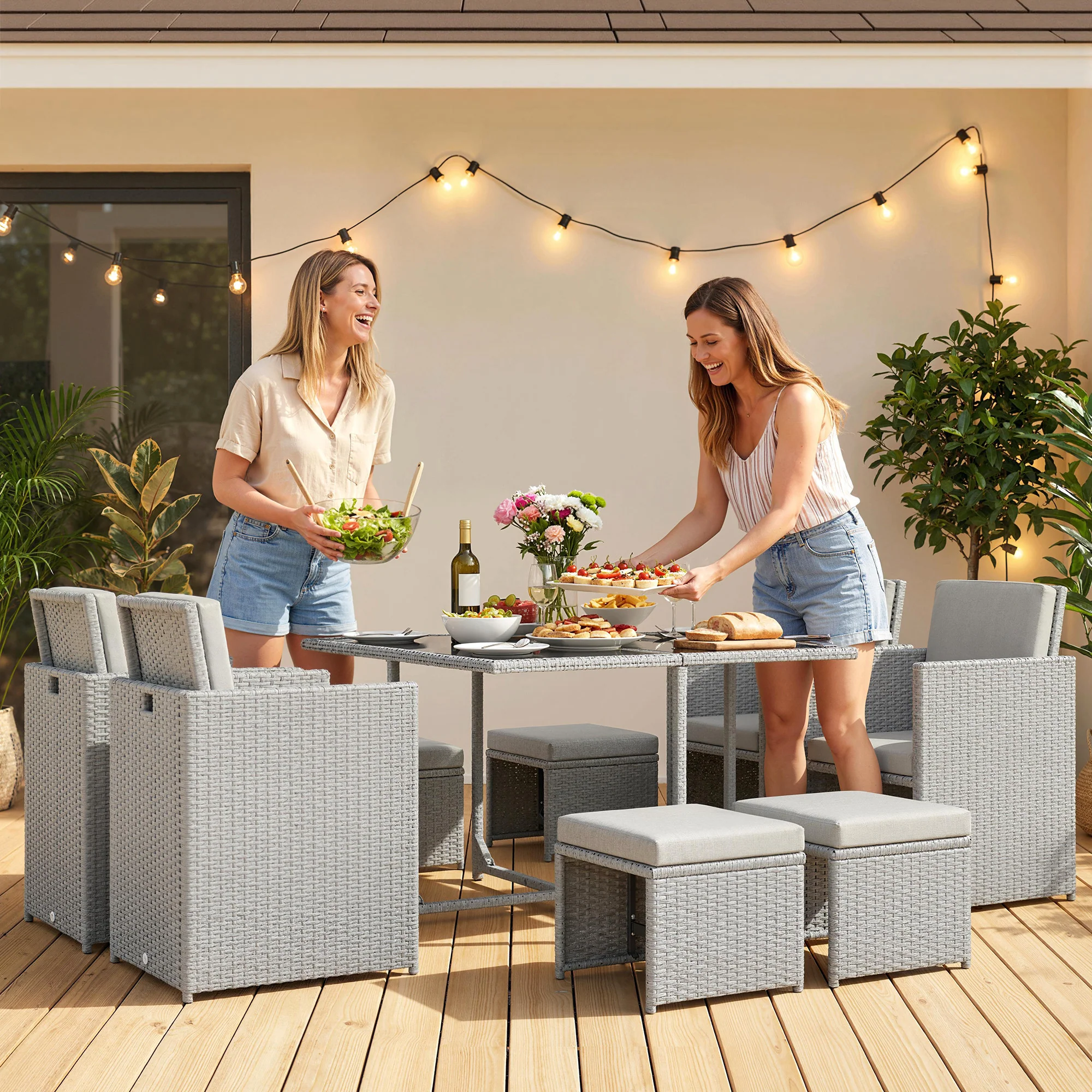 Outsunny 8 Seater Cube Rattan Garden Dining Set with Cushions, Light Grey - Image 8