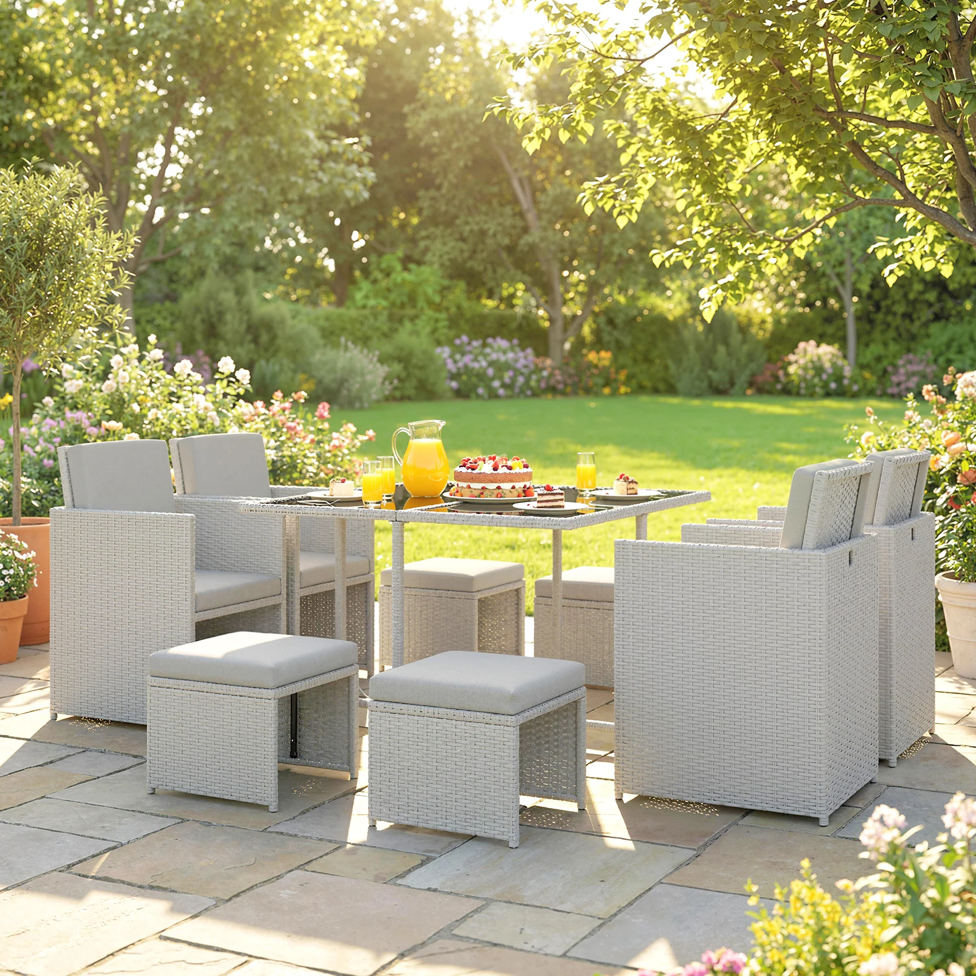 Outsunny 8 Seater Cube Rattan Garden Dining Set with Cushions, Light Grey - Image 9