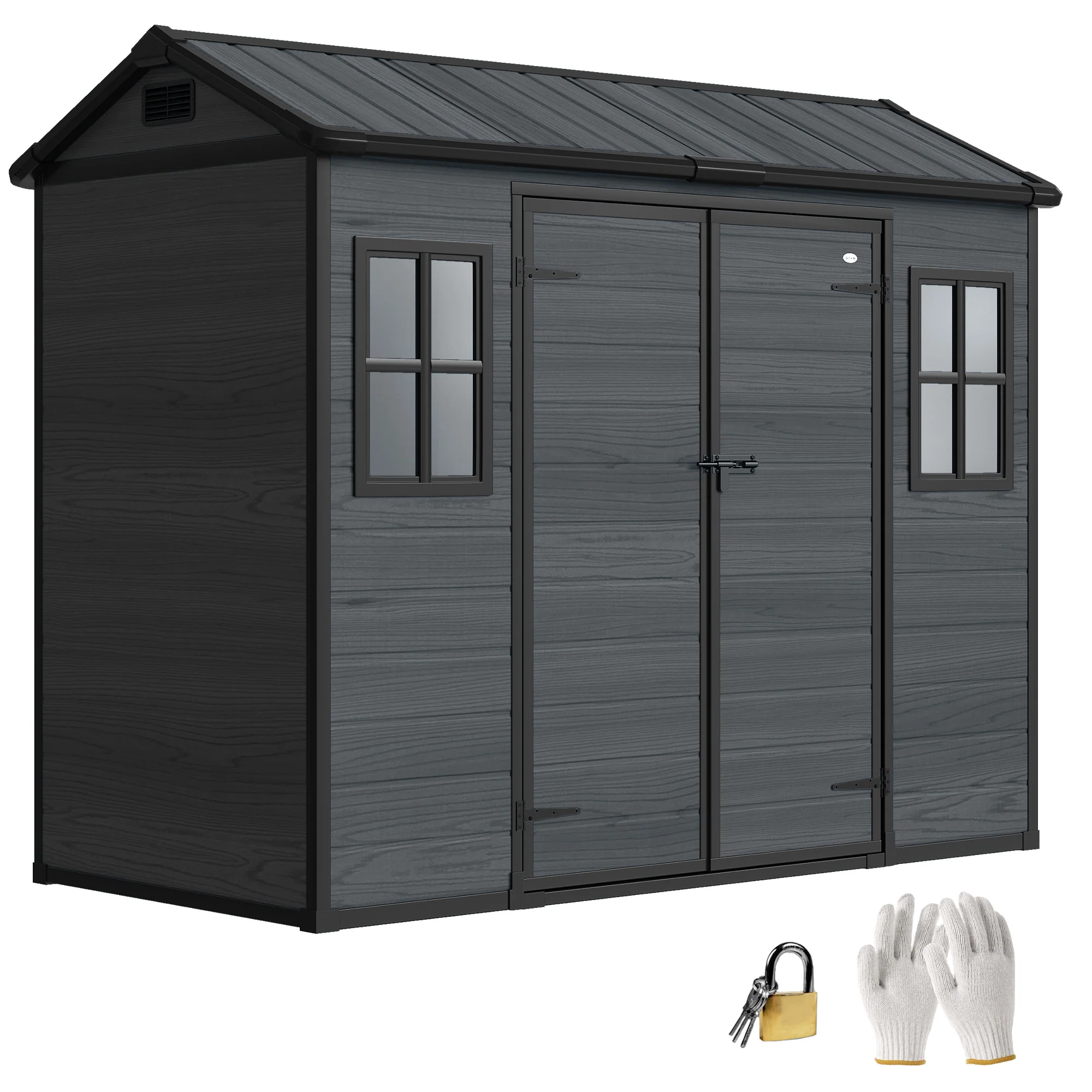 Outsunny 8 X 4 Ft Resin Garden Shed With Floor, Lockable Doors, Dark Grey