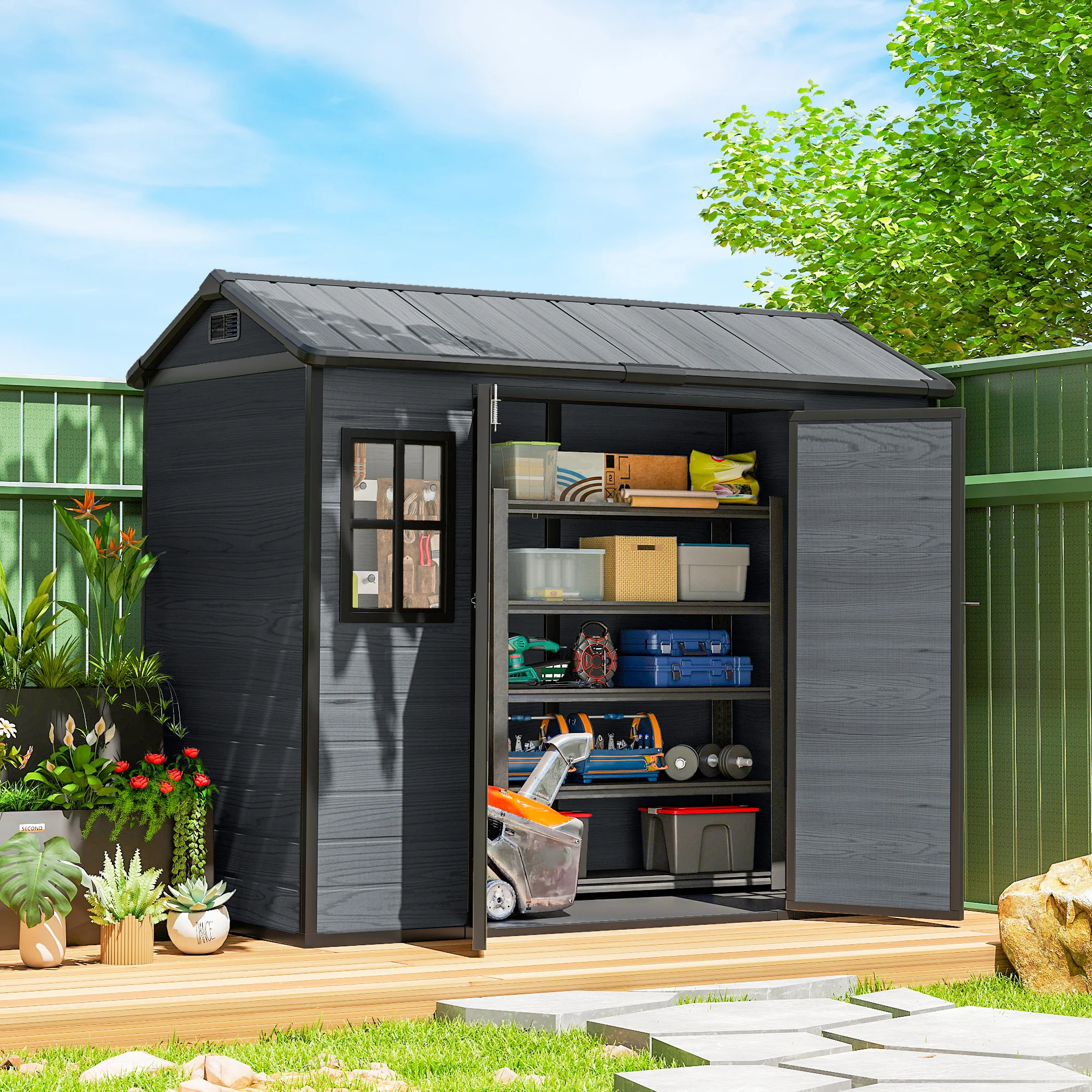 Outsunny 8 X 4 Ft Resin Garden Shed With Floor, Lockable Doors, Dark Grey - Image 2