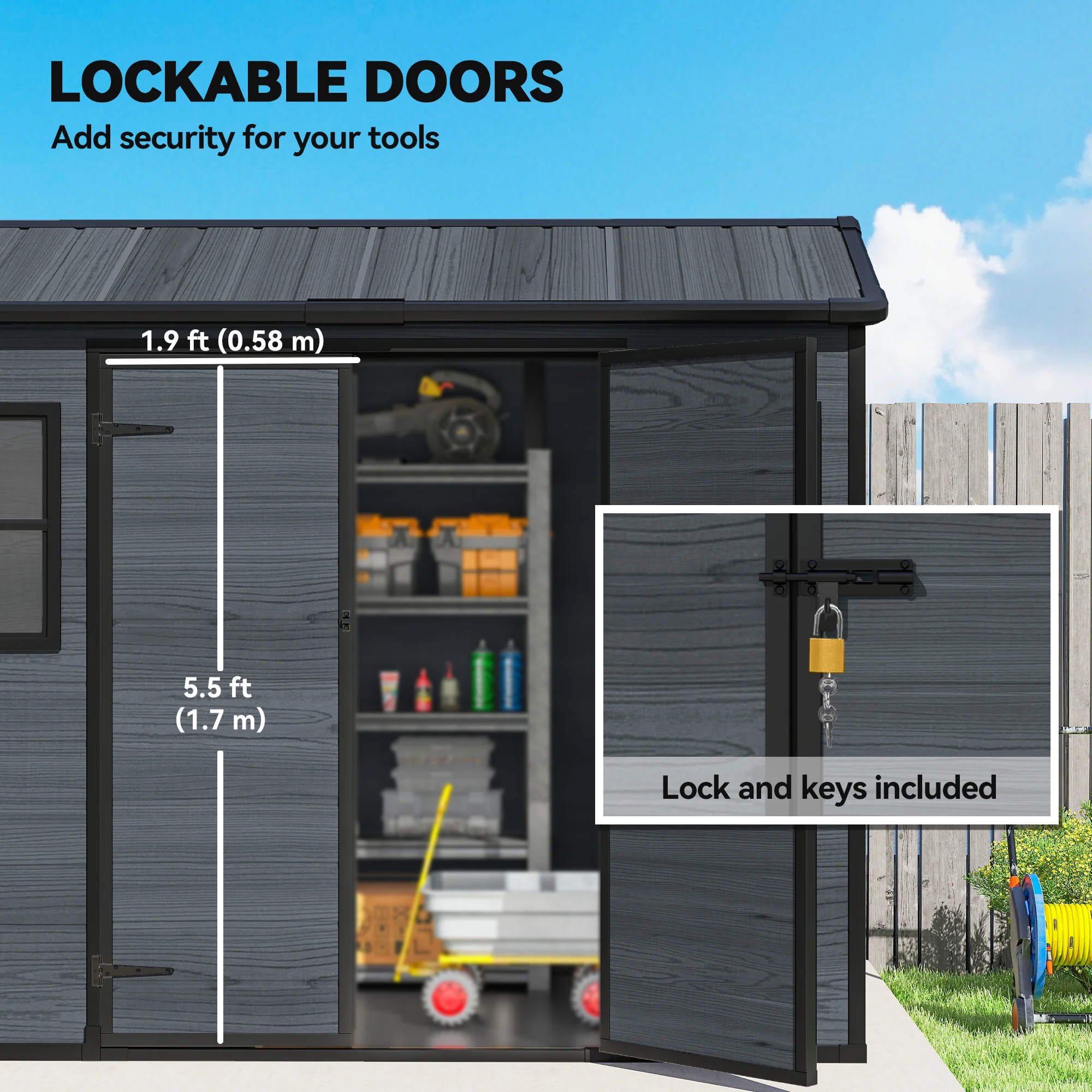 Outsunny 8 X 4 Ft Resin Garden Shed With Floor, Lockable Doors, Dark Grey - Image 6