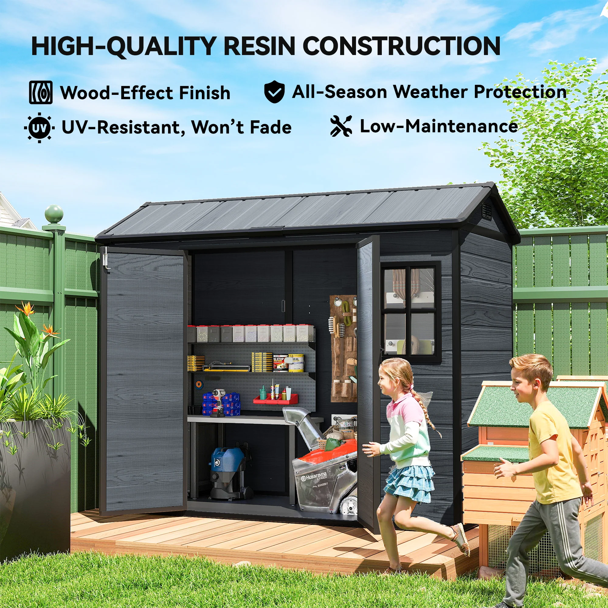 Outsunny 8 X 4 Ft Resin Garden Shed With Floor, Lockable Doors, Dark Grey - Image 8