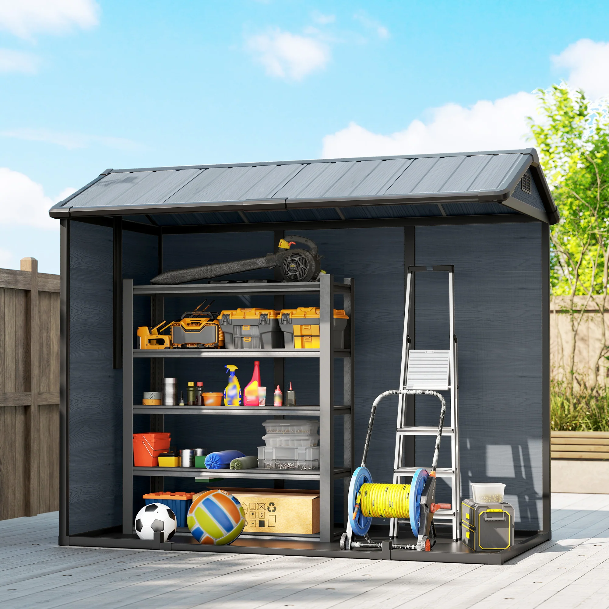 Outsunny 8 X 4 Ft Resin Garden Shed With Floor, Lockable Doors, Dark Grey - Image 9