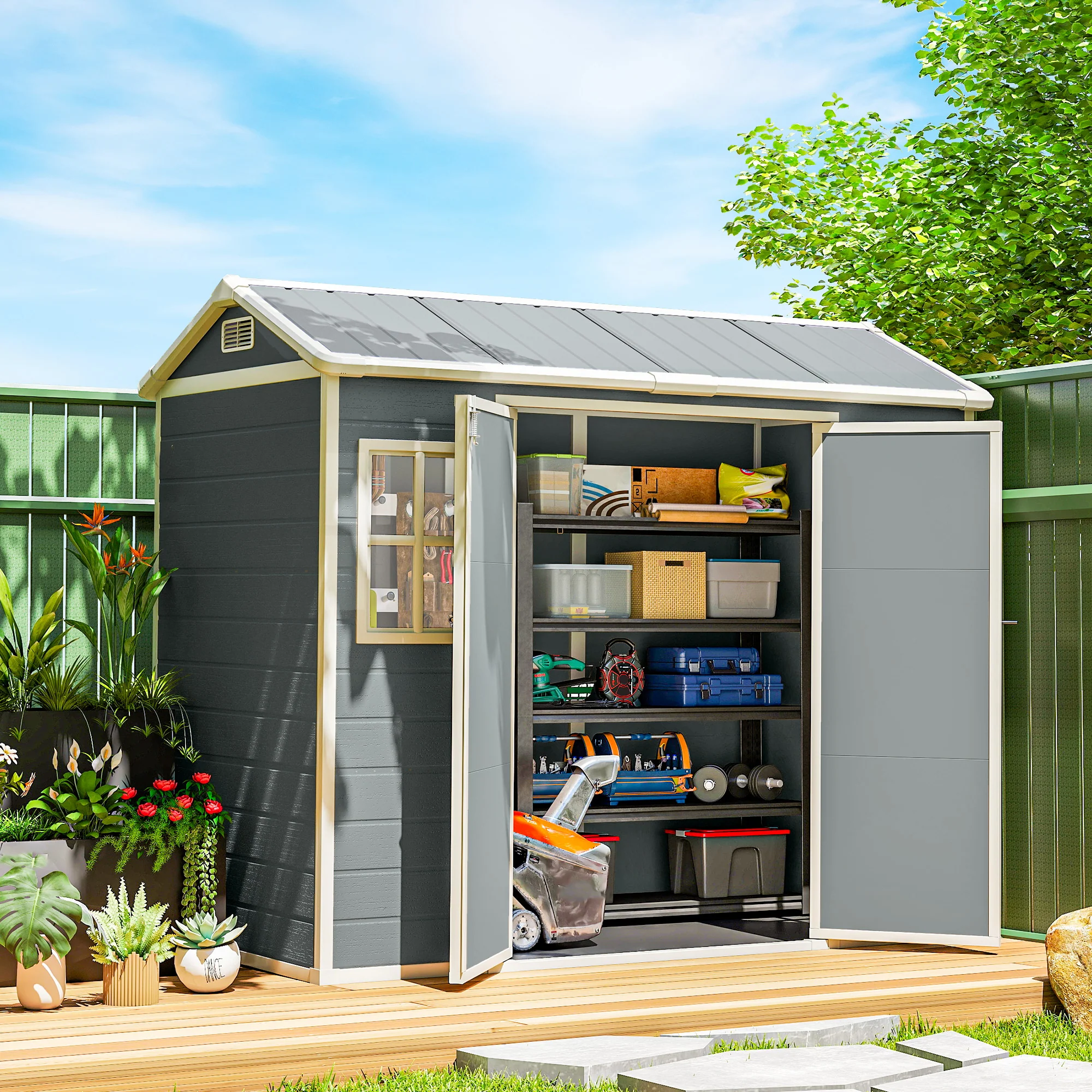 Outsunny 8 X 4 Ft Resin Garden Shed With Floor, Lockable Doors, Light Grey - Image 2