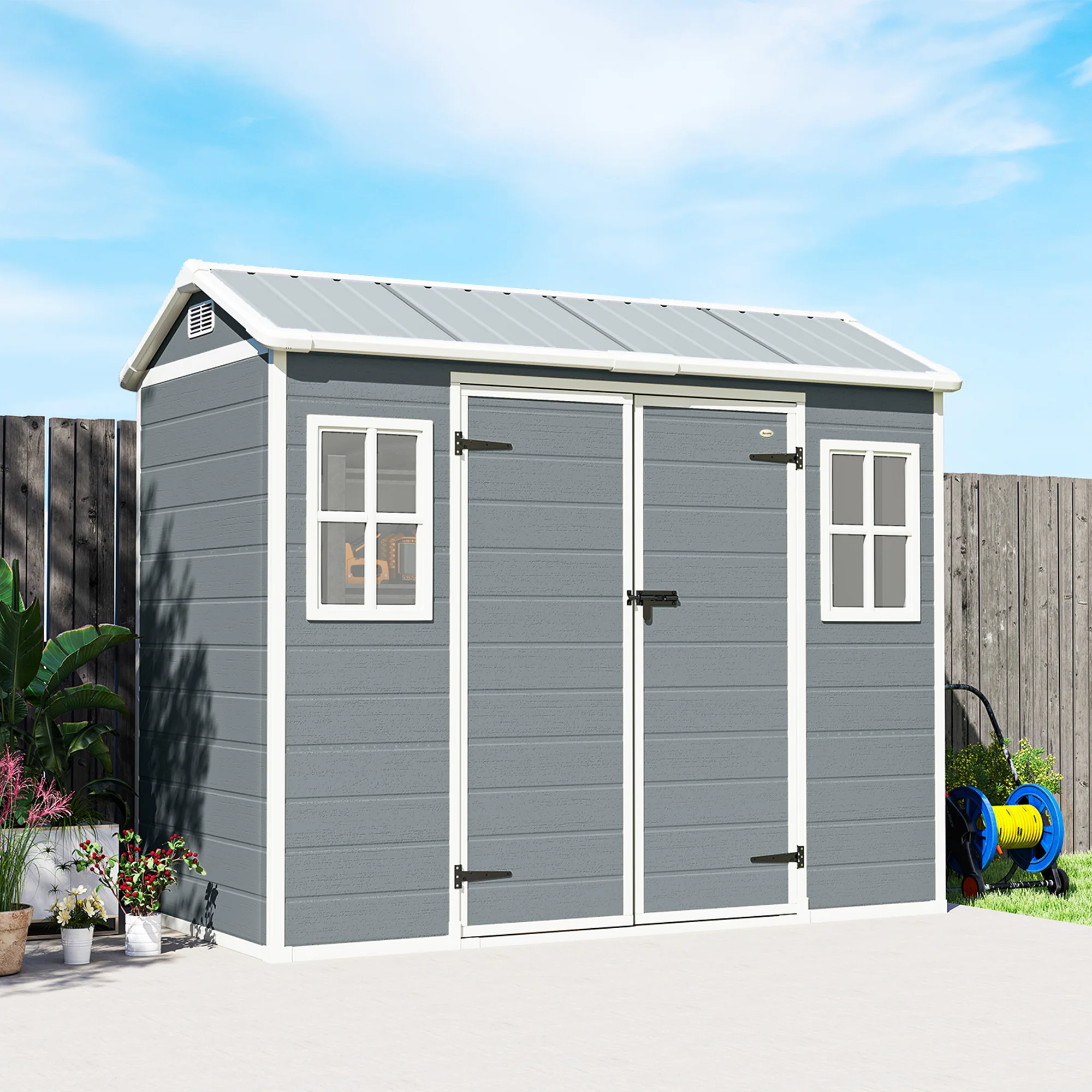 Outsunny 8 X 4 Ft Resin Garden Shed With Floor, Lockable Doors, Light Grey - Image 9