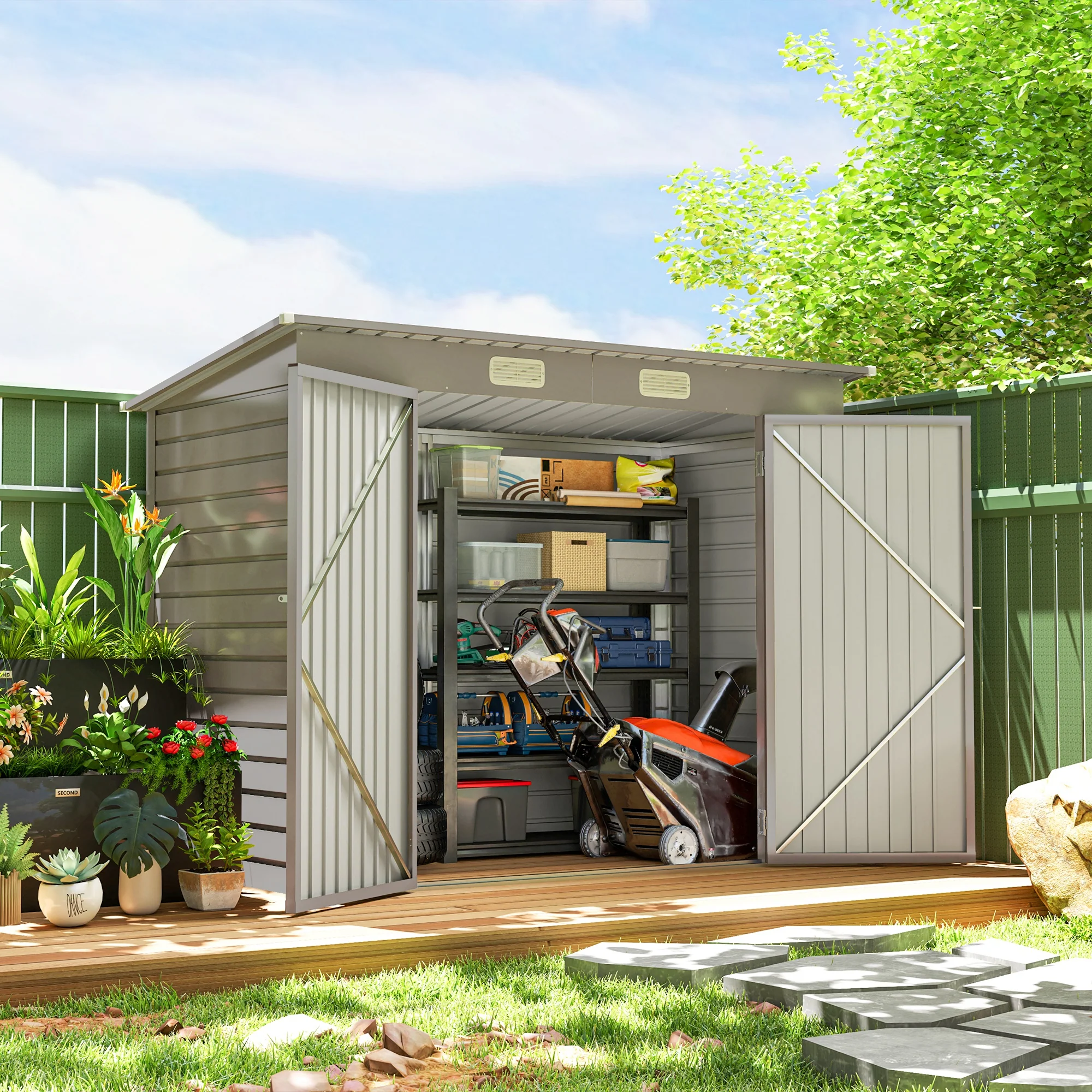 Outsunny 8 x 4FT Metal Garden Storage Shed with Double Doors, Light Grey - Image 2