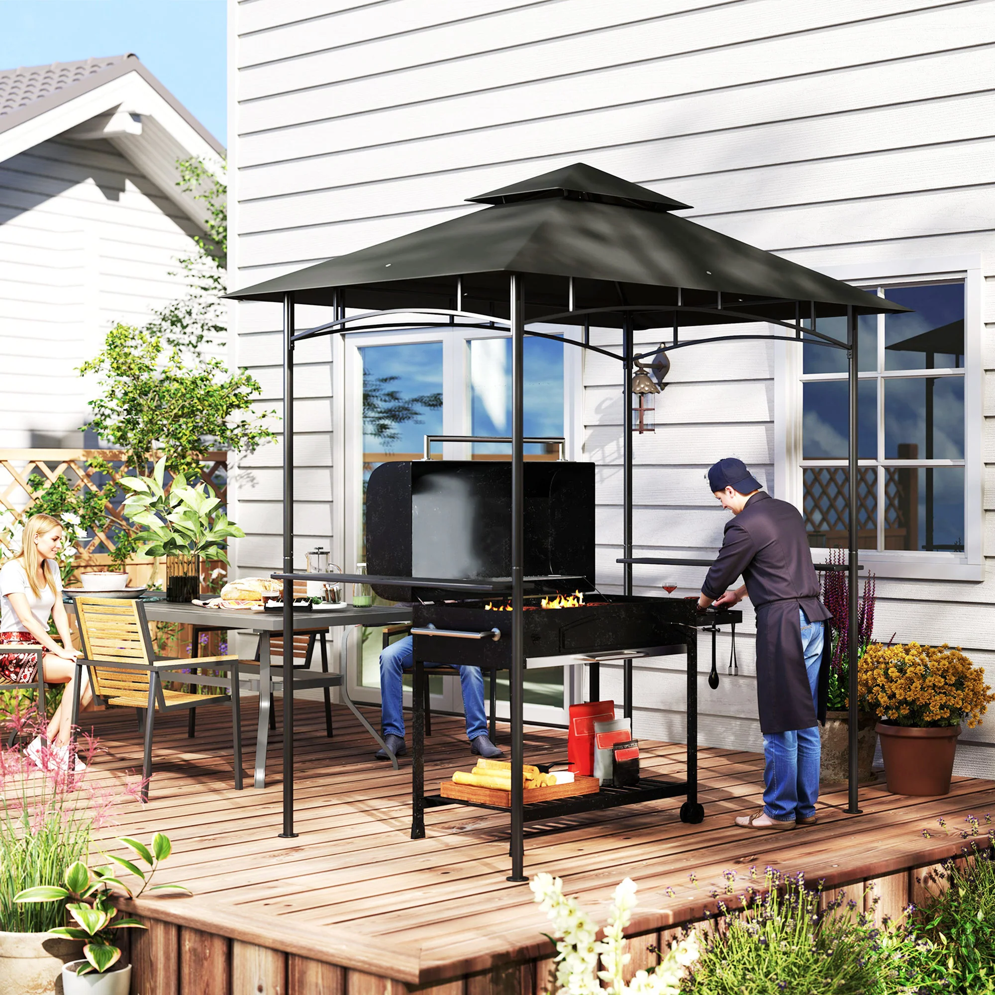 Outsunny 8' X 5' Grill Gazebo, Double Tiered Outdoor BBQ Shelter, Dark Grey - Image 18