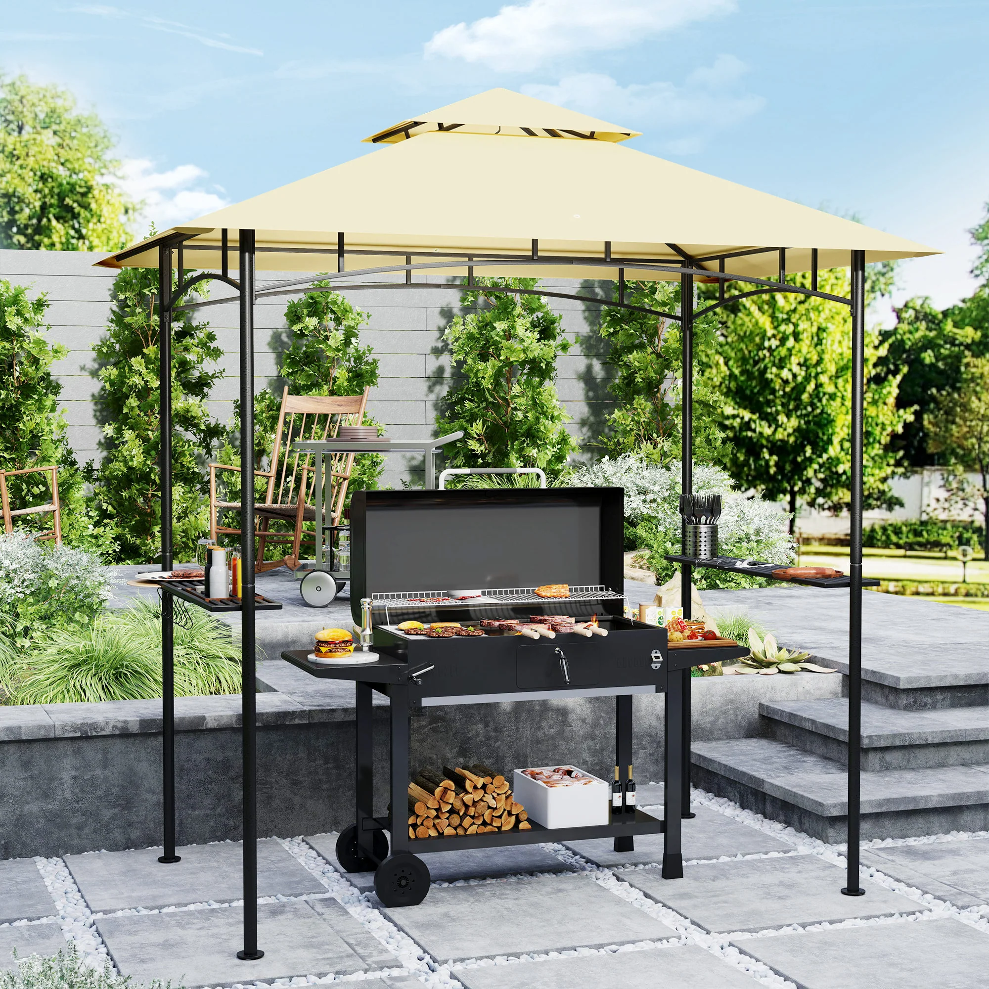 Outsunny 8' X 5' Grill Gazebo, Double Tiered Outdoor BBQ Shelter, Dark Grey - Image 2