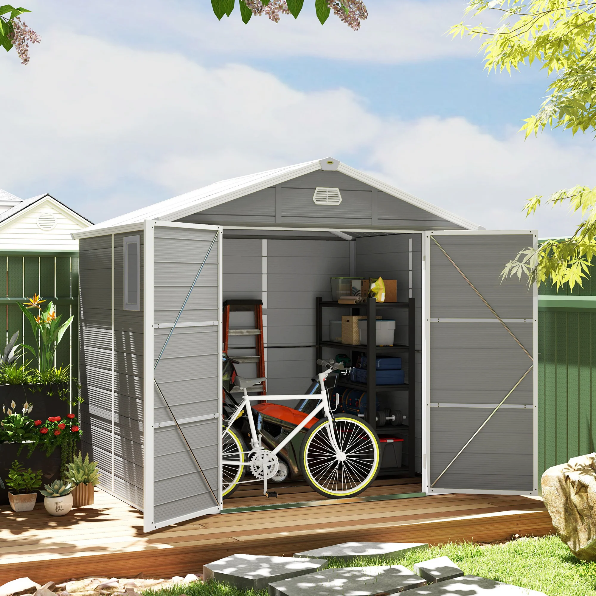 Outsunny 8 X 6ft Garden Shed Storage W/ Foundation Kit, Vents, Light Grey - Image 2
