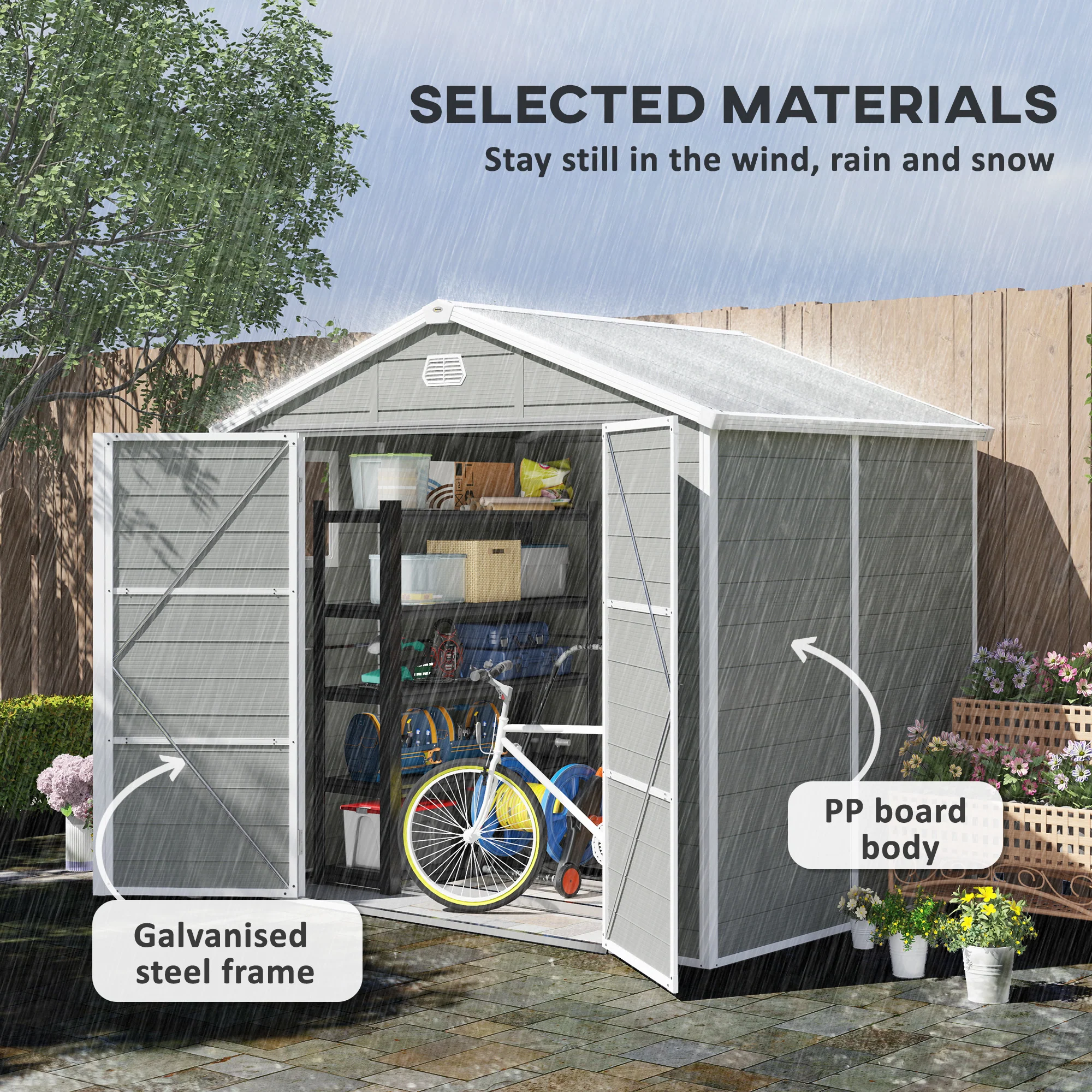 Outsunny 8 X 6ft Garden Shed Storage W/ Foundation Kit, Vents, Light Grey - Image 3