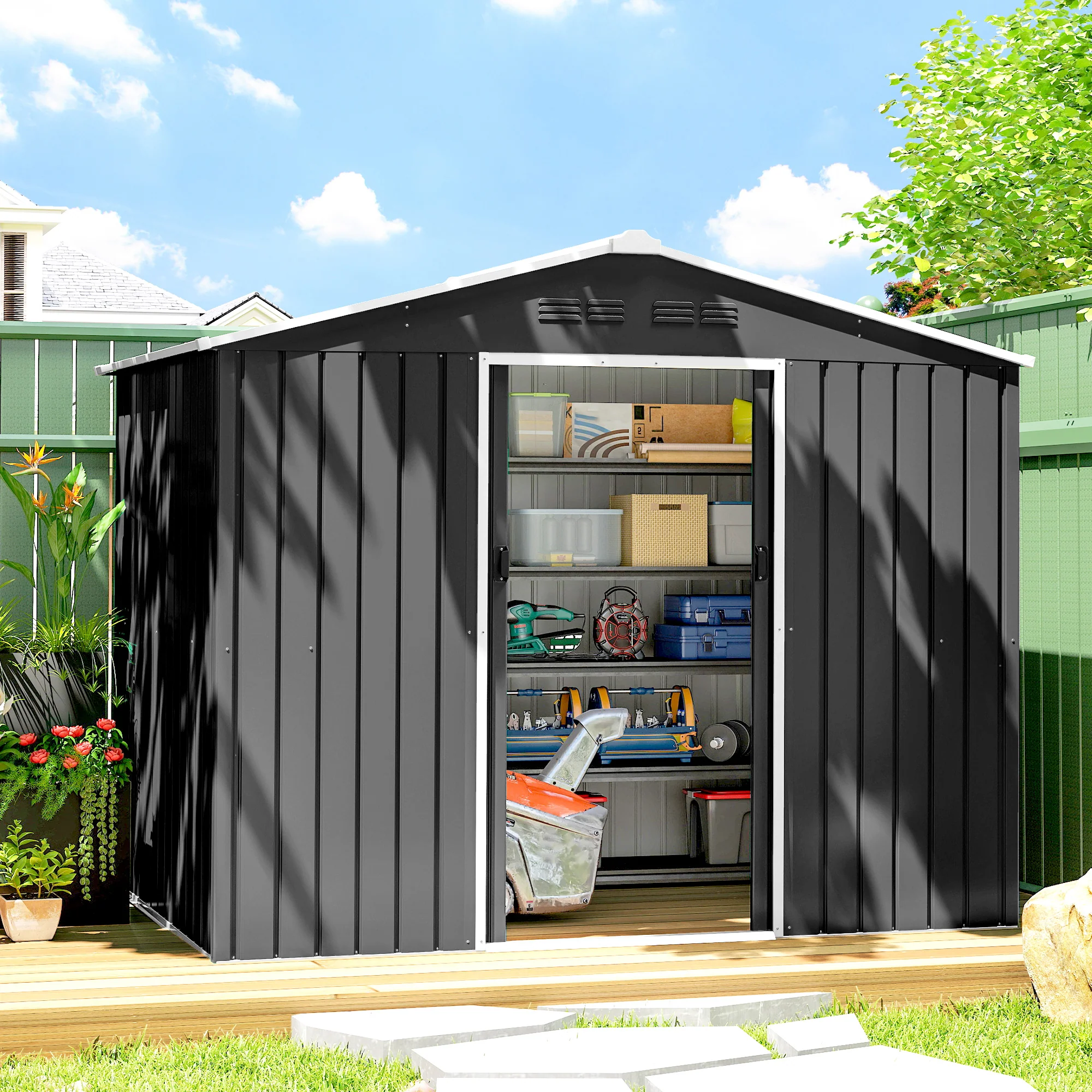 Outsunny 8 X 6ft Garden Storage Shed With Double Door, Dark Grey - Image 2