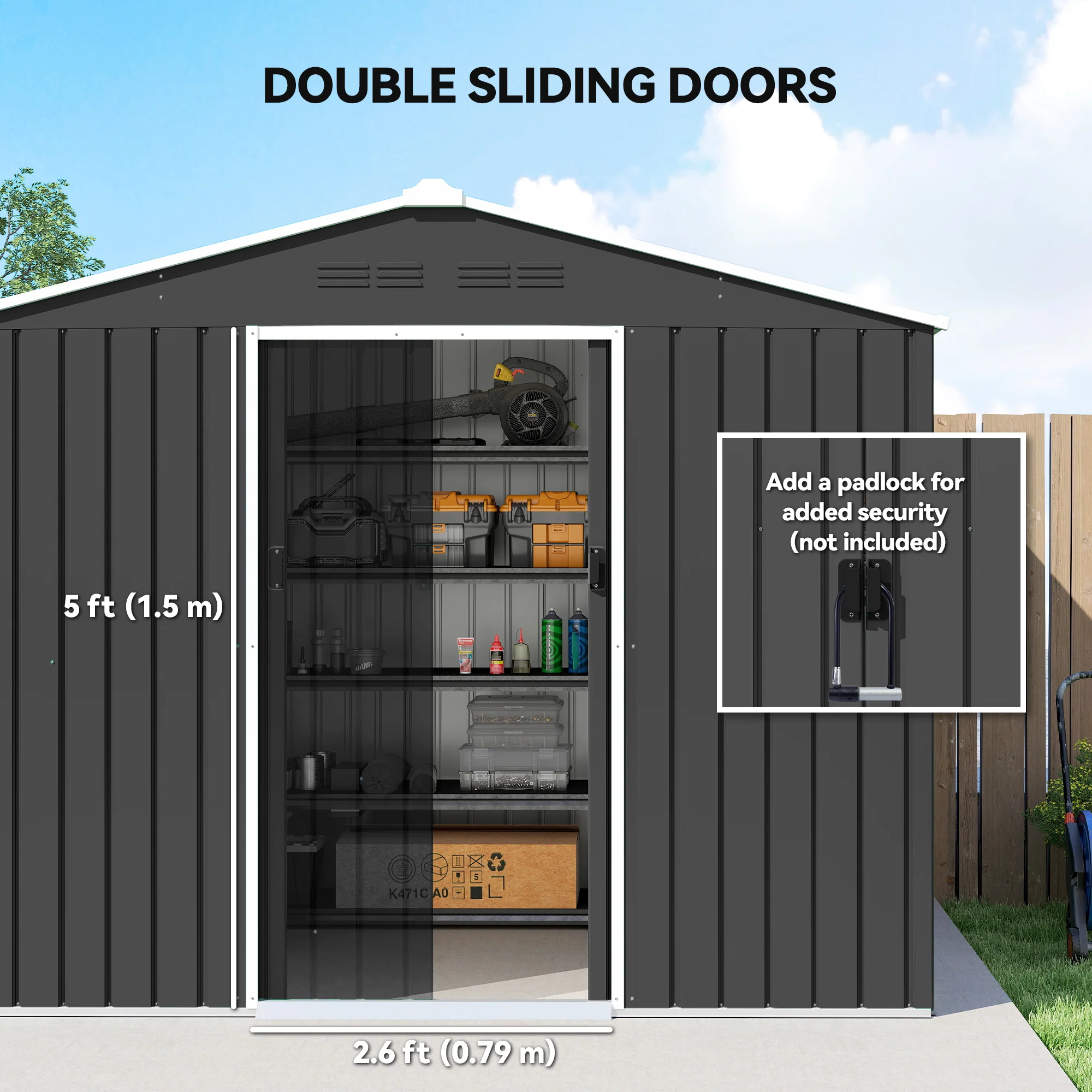 Outsunny 8 X 6ft Garden Storage Shed With Double Door, Dark Grey - Image 5