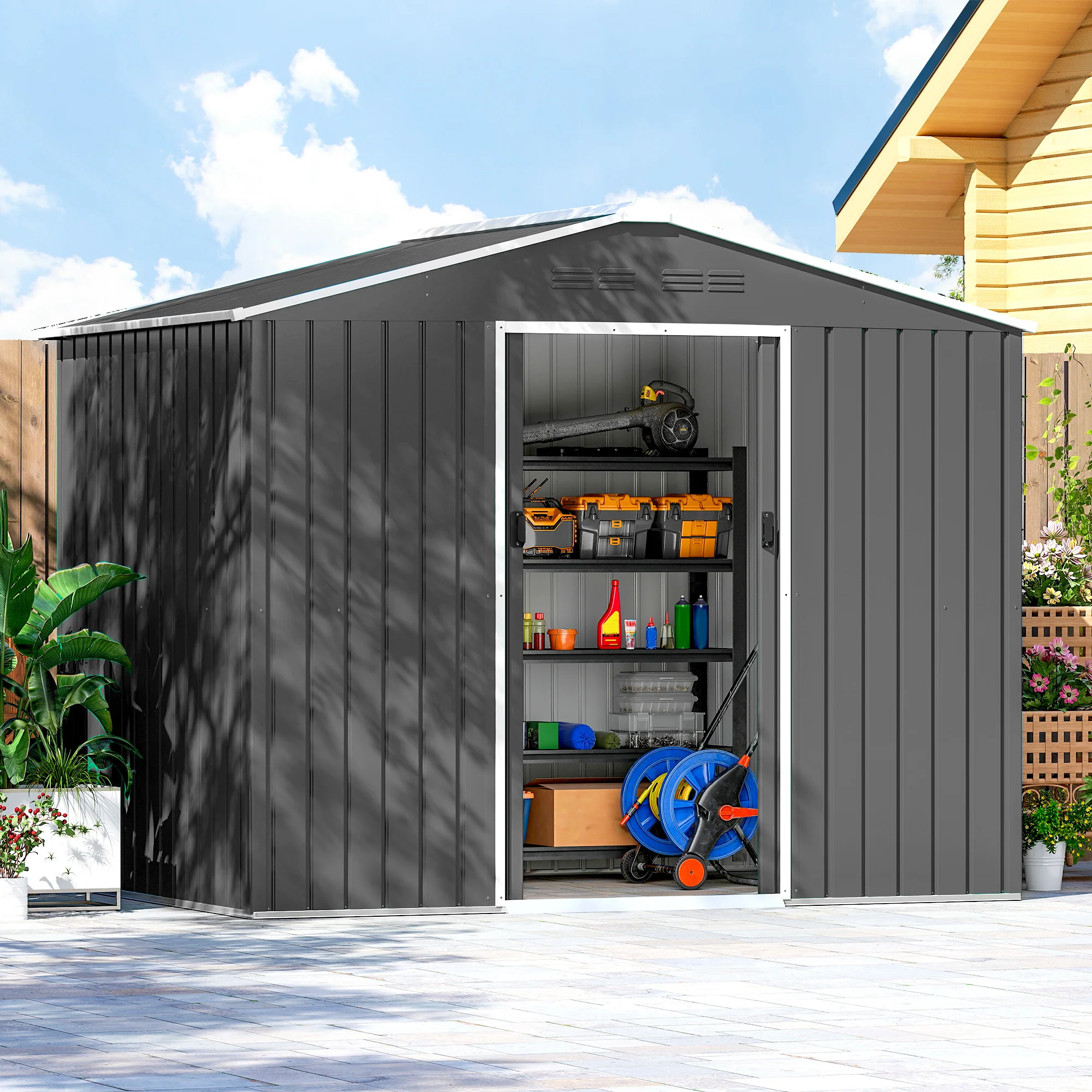 Outsunny 8 X 6ft Garden Storage Shed With Double Door, Dark Grey - Image 8