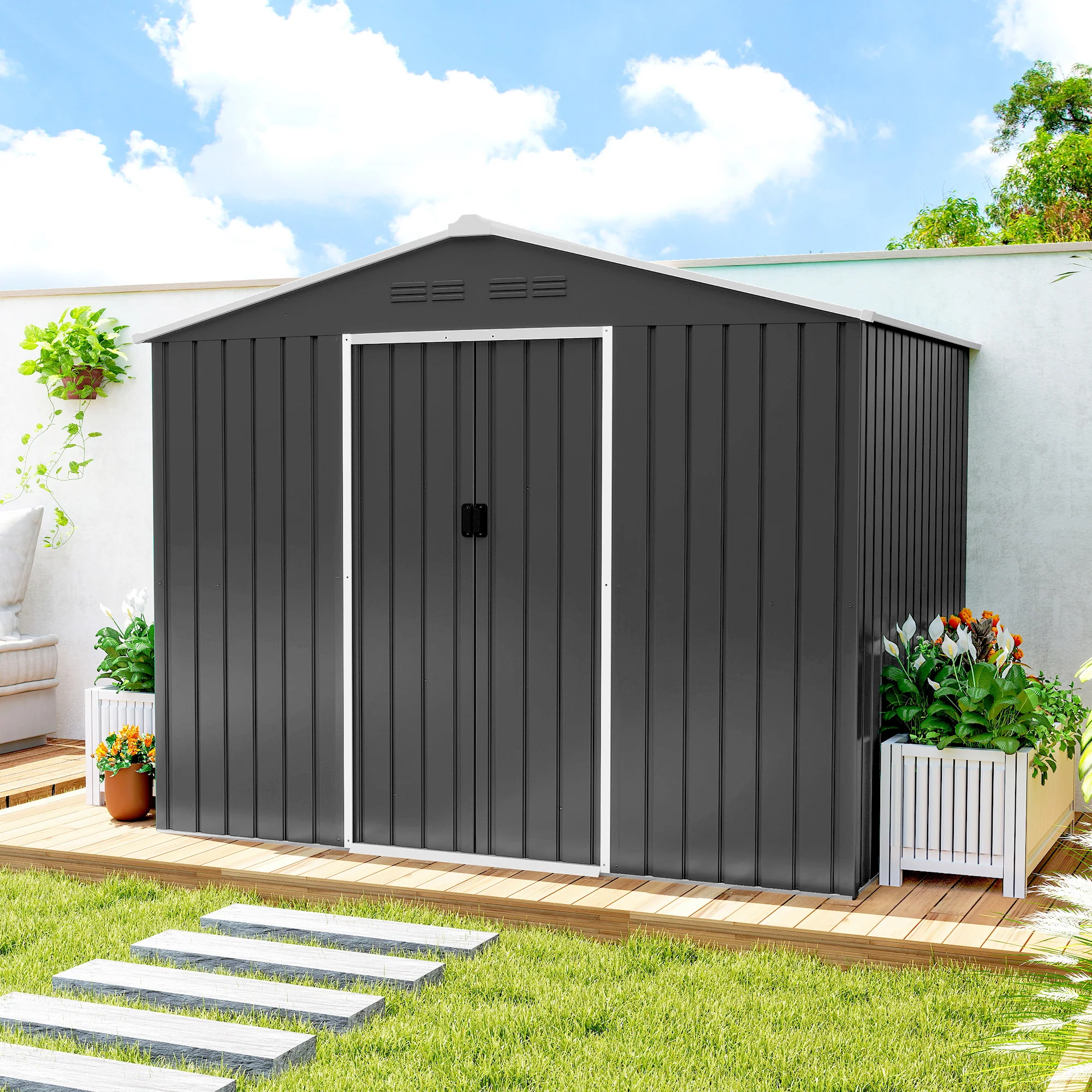 Outsunny 8 X 6ft Garden Storage Shed With Double Door, Dark Grey - Image 9