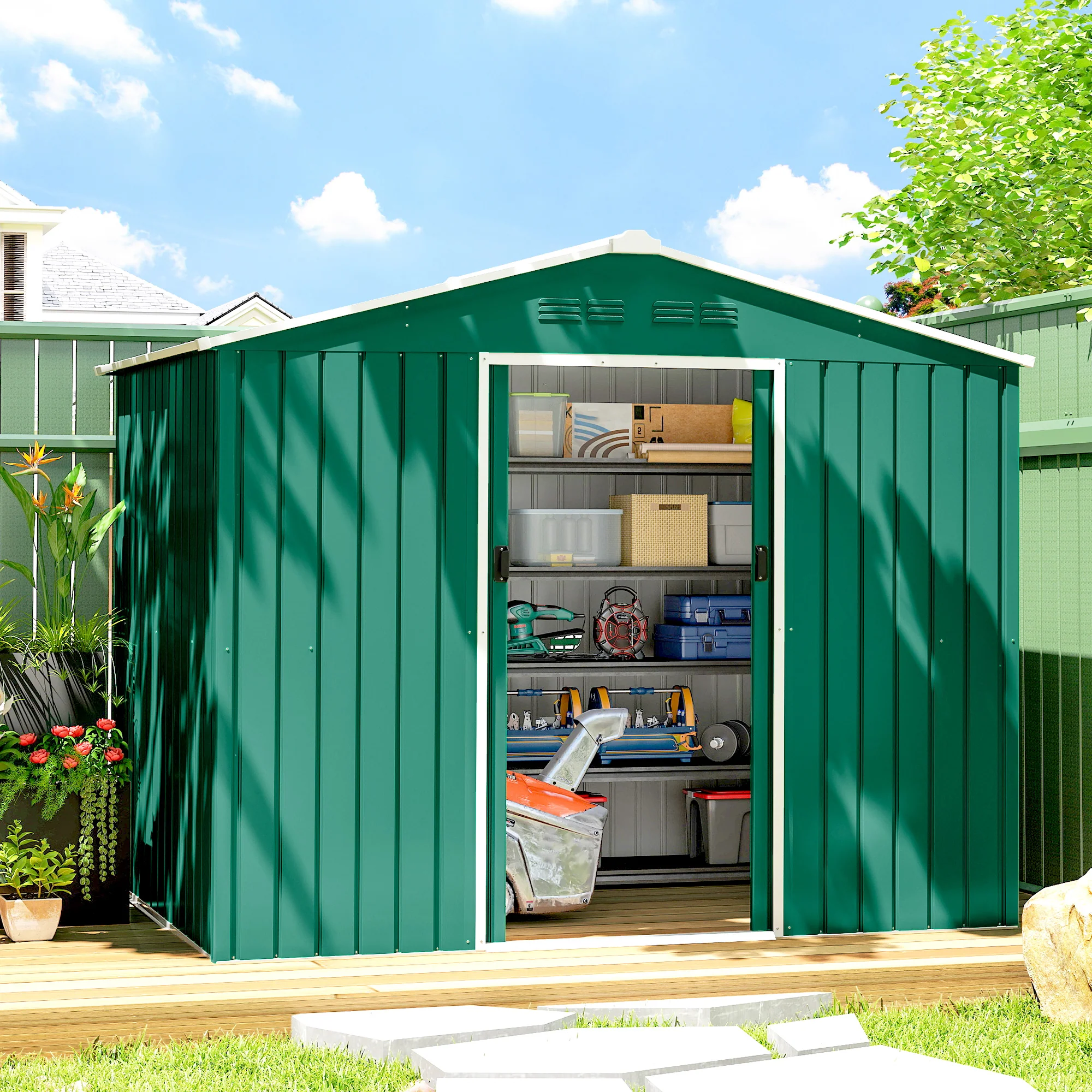 Outsunny 8 X 6ft Garden Storage Shed With Double Door Green - Image 2