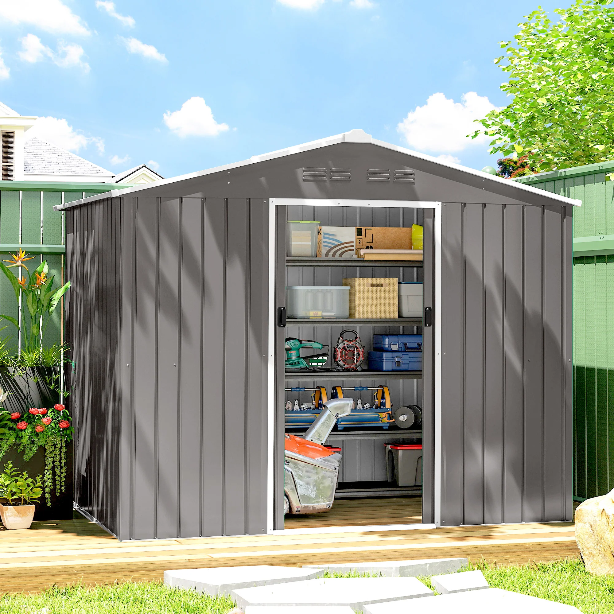 Outsunny 8 X 6ft Garden Storage Shed With Double Door, Light Grey - Image 2