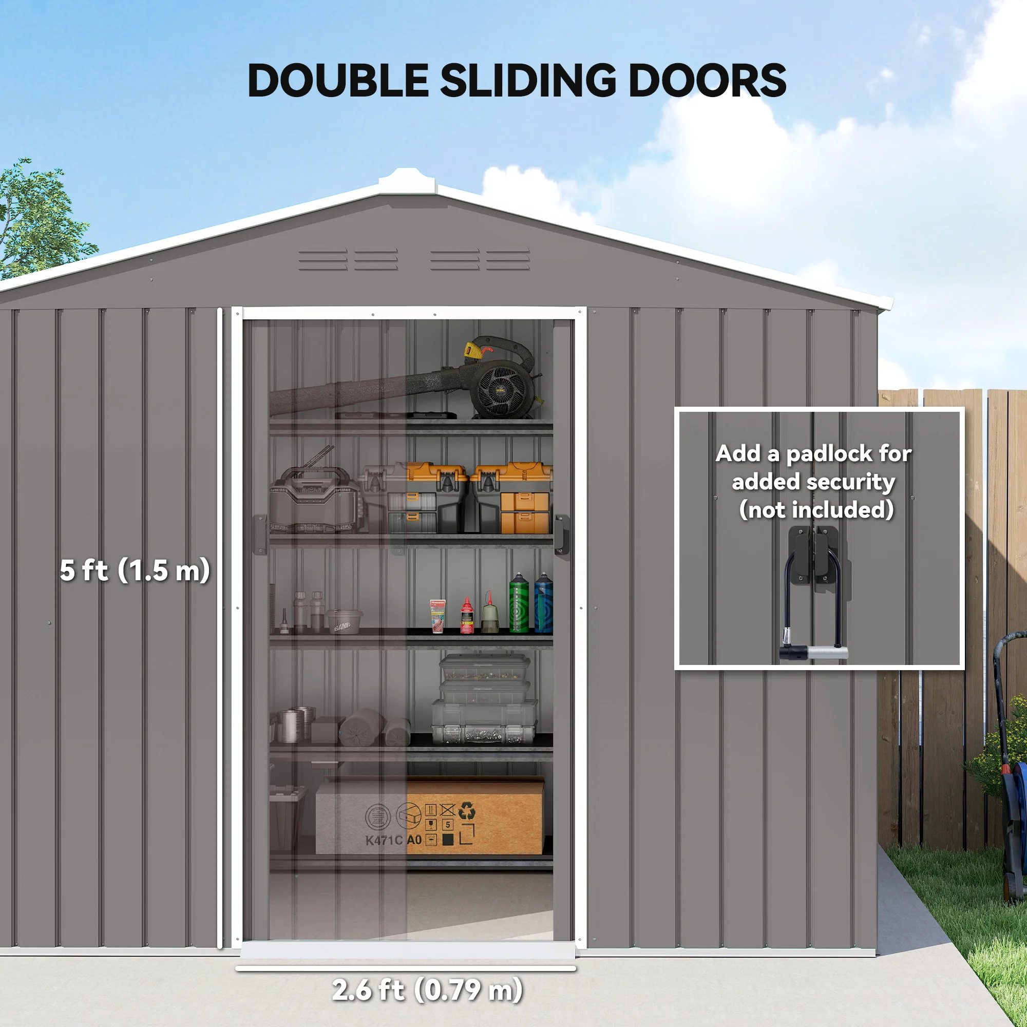 Outsunny 8 X 6ft Garden Storage Shed With Double Door, Light Grey - Image 5