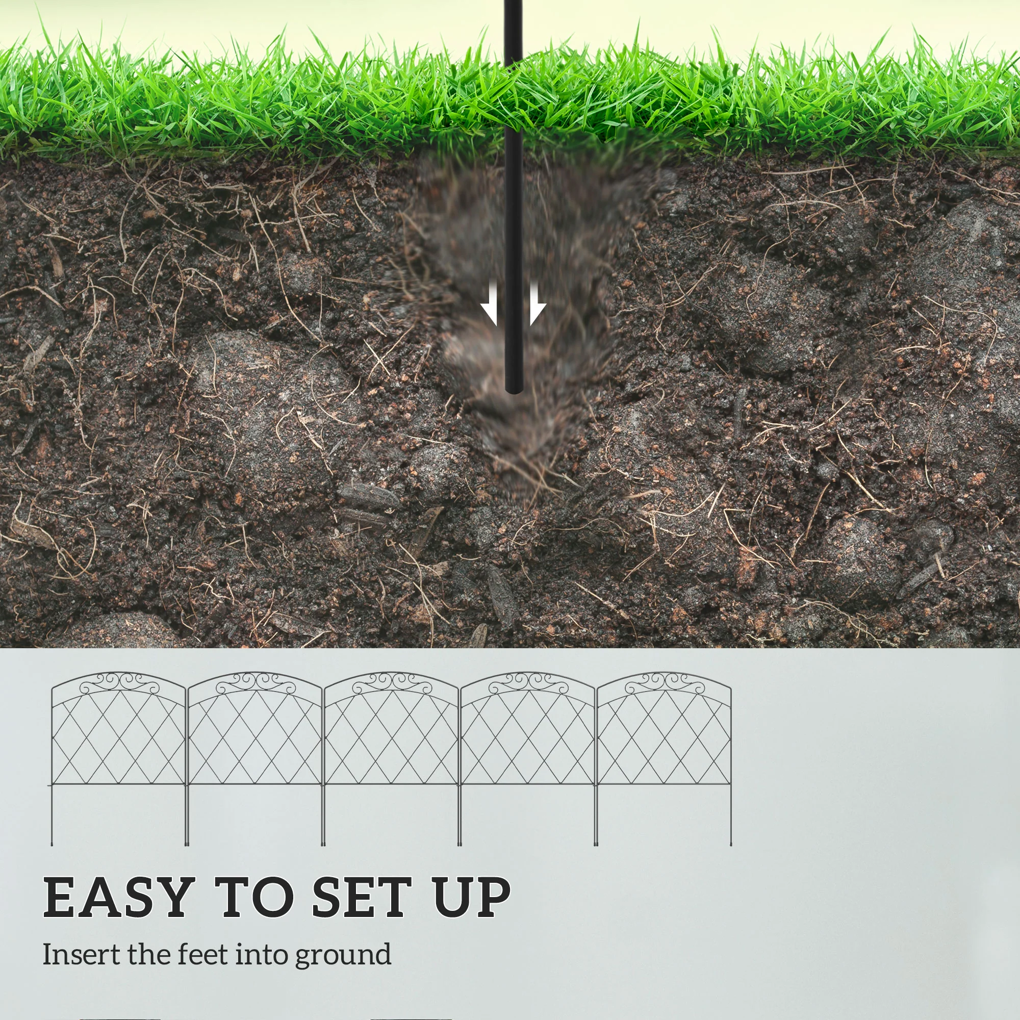 Outsunny 80 cm x 3 m Outdoor Picket Fence Panels with Panels, Swirls, Black - Image 4
