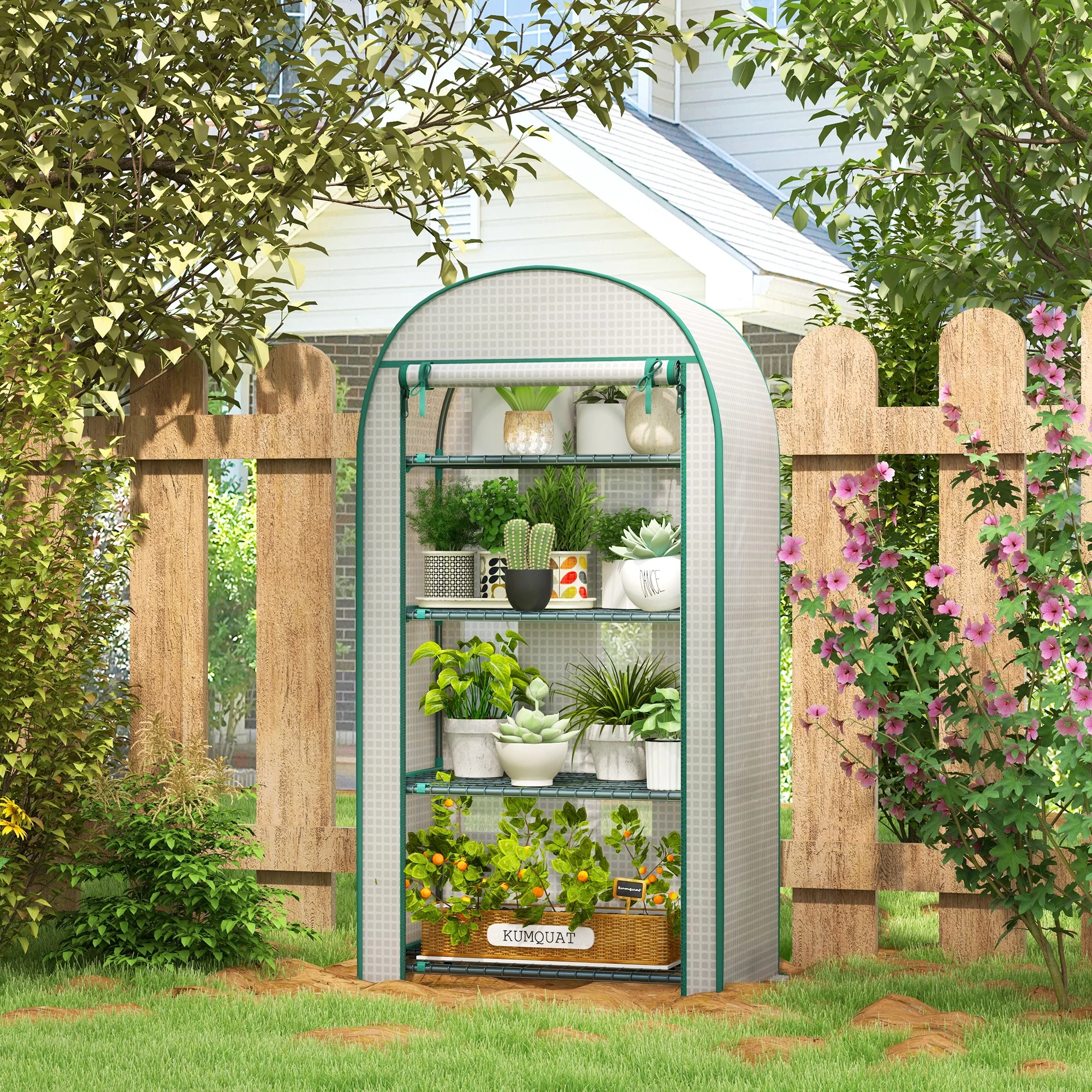 Outsunny 80 x 49 x 160cm Mini Greenhouse Portable Green House with Shelf White - Image 2
