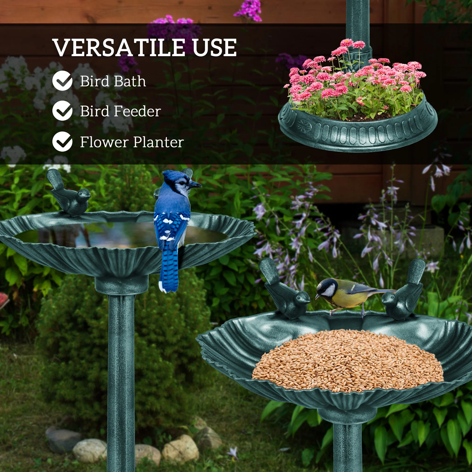 Outsunny 81cm Tall Bird Bath With 2 Decorative Birds For Garden - Image 3