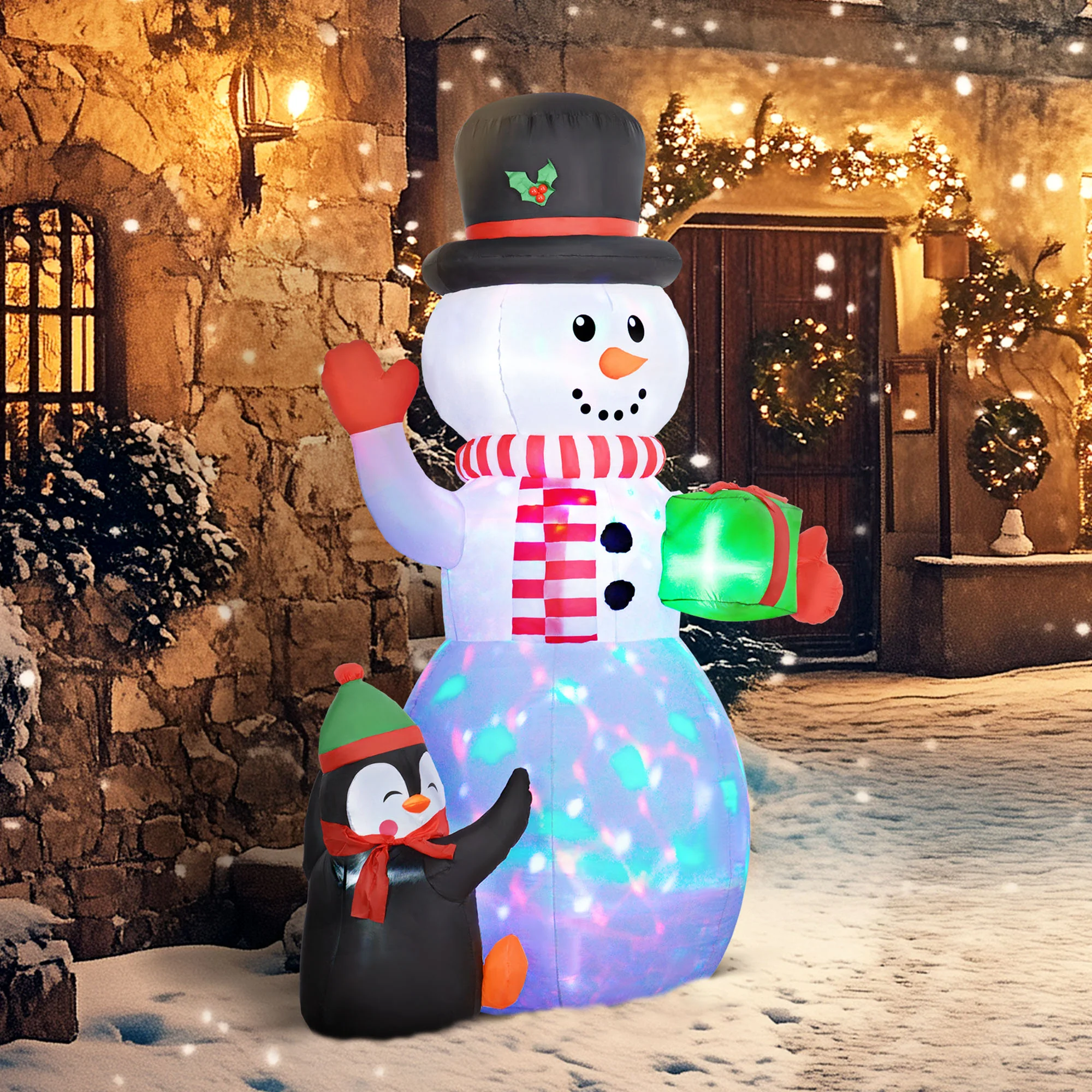 Outsunny 8FT Inflatable Snowman Holding Gift Box W/ Penguin And LED Lights - Image 2