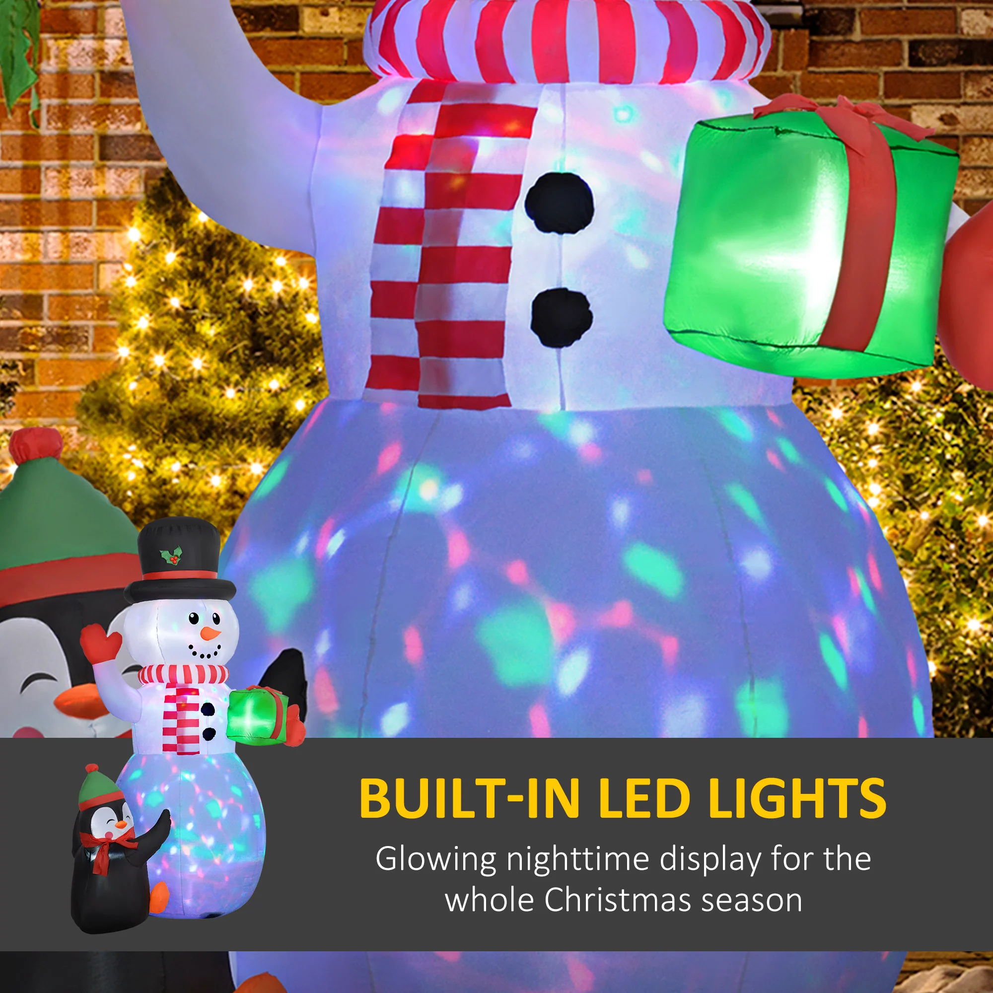 Outsunny 8FT Inflatable Snowman Holding Gift Box W/ Penguin And LED Lights - Image 3