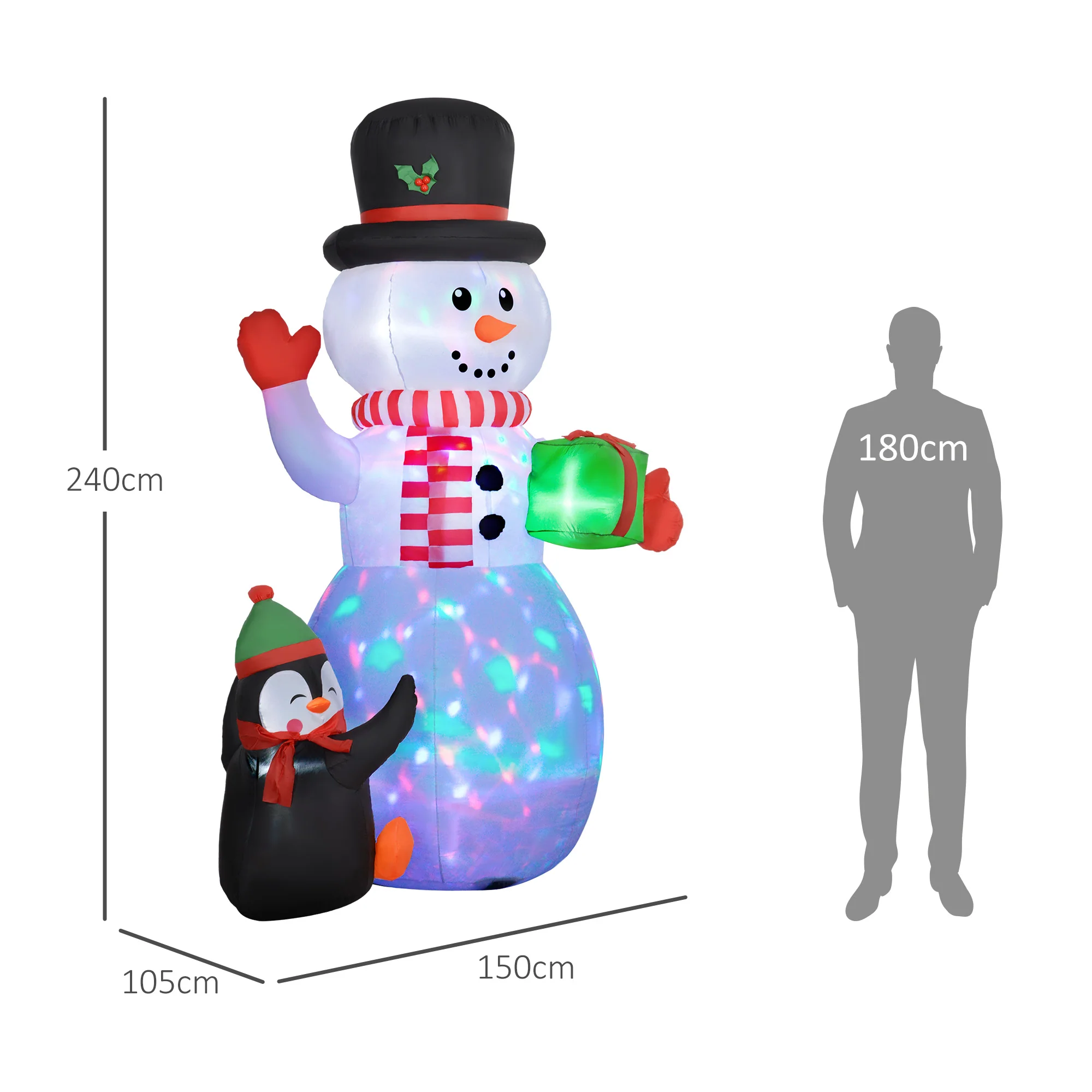 Outsunny 8FT Inflatable Snowman Holding Gift Box W/ Penguin And LED Lights - Image 5