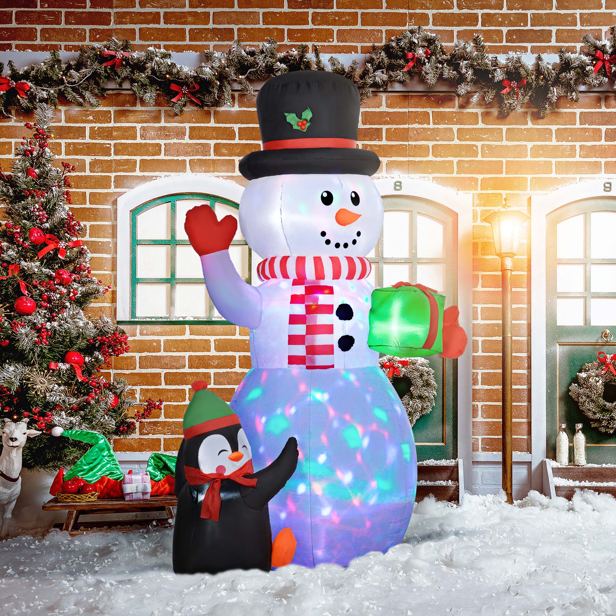 Outsunny 8FT Inflatable Snowman Holding Gift Box W/ Penguin And LED Lights - Image 8