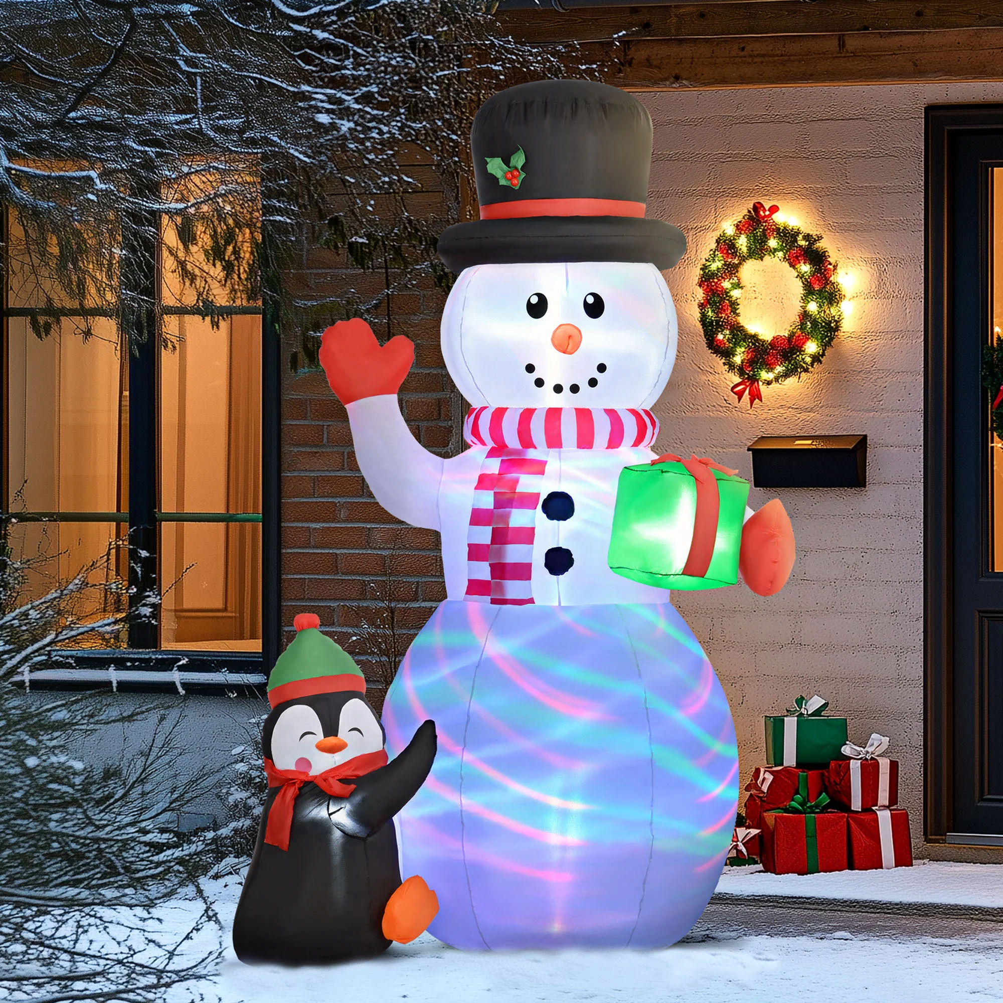Outsunny 8FT Inflatable Snowman Holding Gift Box W/ Penguin And LED Lights - Image 9