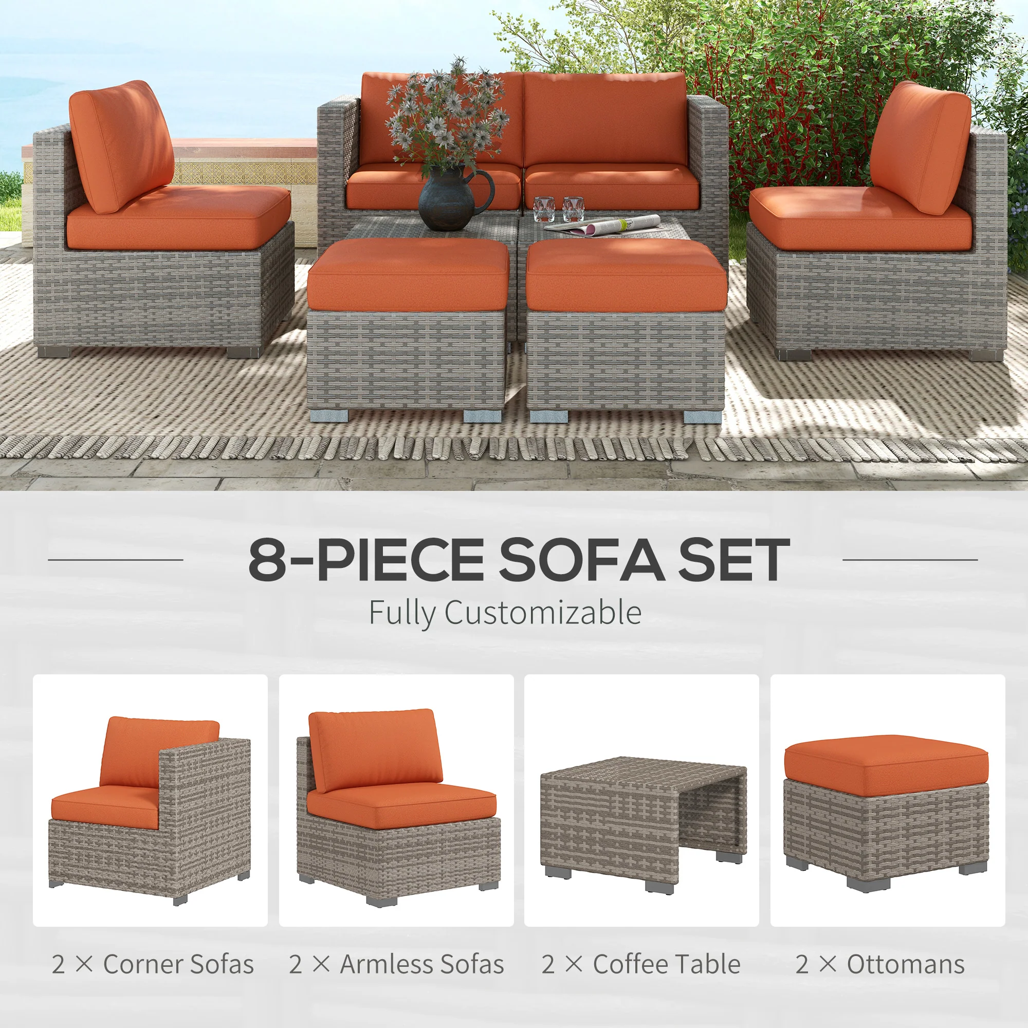 Outsunny 8pc Outdoor Patio Furniture Set Weather Wicker Rattan Sofa Chair Orange - Image 3