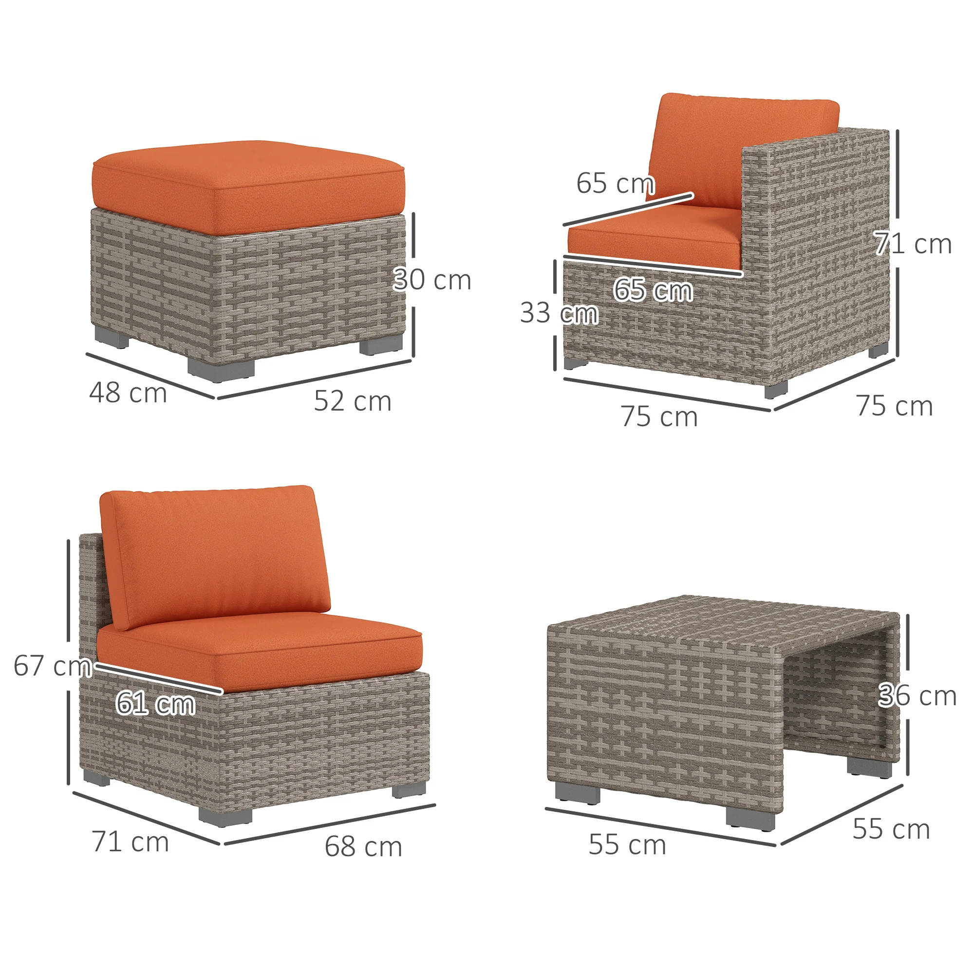 Outsunny 8pc Outdoor Patio Furniture Set Weather Wicker Rattan Sofa Chair Orange - Image 5