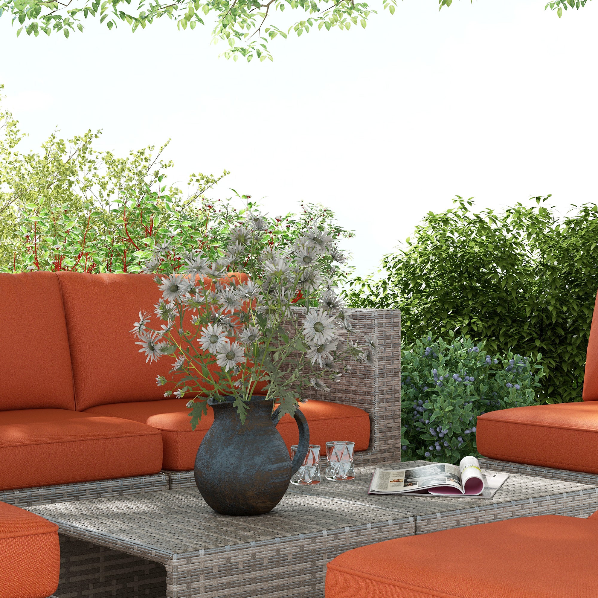 Outsunny 8pc Outdoor Patio Furniture Set Weather Wicker Rattan Sofa Chair Orange - Image 8