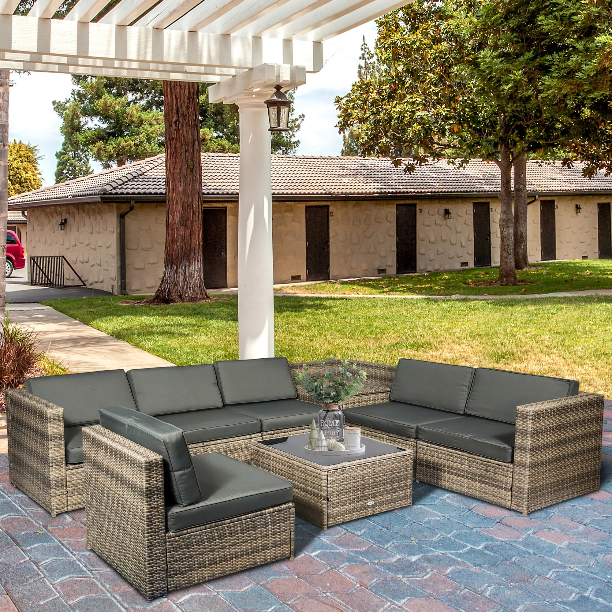 Outsunny 8Pcs Patio Rattan Sofa Set Garden Furniture Side Table w/ Cushion - Image 2