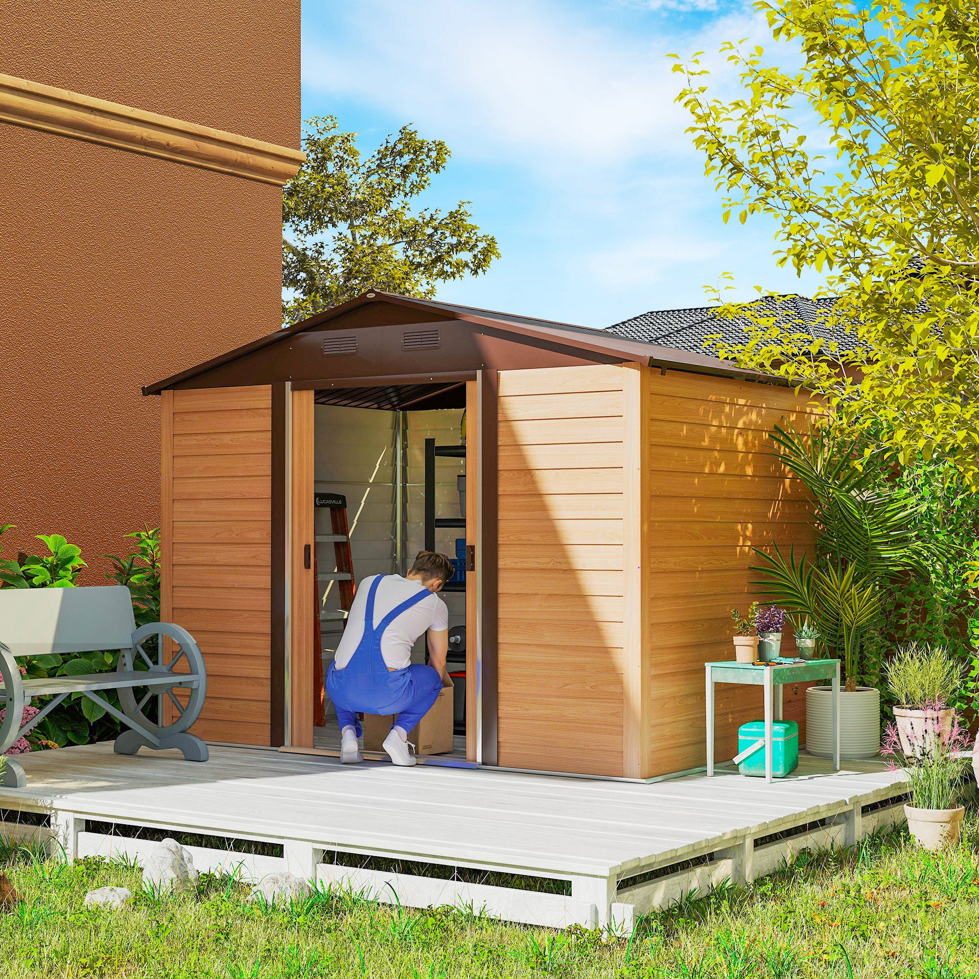 Outsunny 9.1x6.4ft Garden Shed, Tool Storage Sliding Door Wood Effect - Image 2